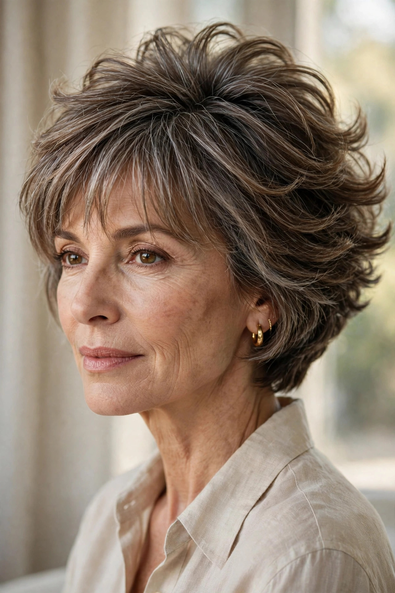 Woman in her 50s with a stacked Choppy Bob with Feathered Fringe