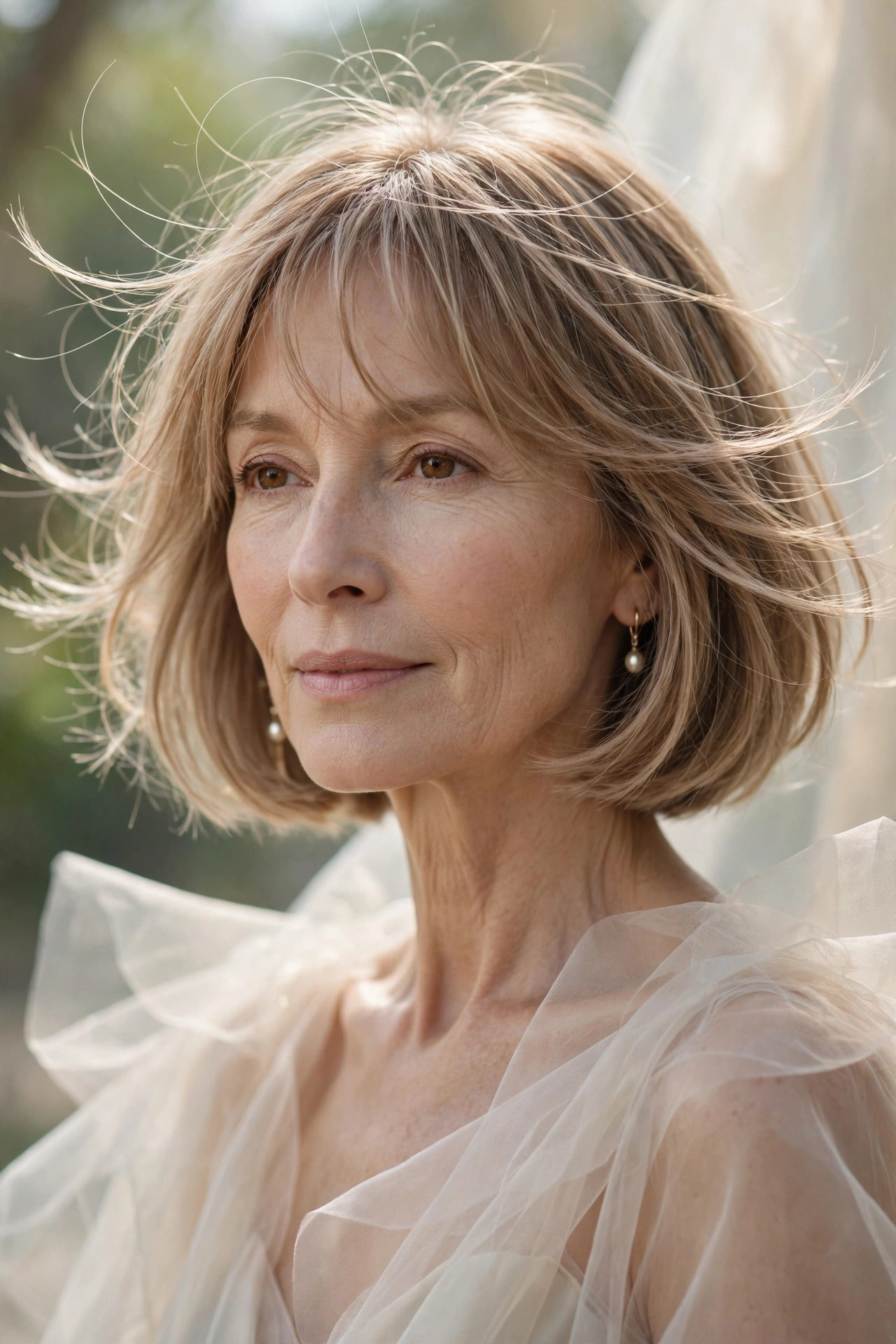 Woman in her 50s with a airy Collarbone Bob with See-Through Bangs