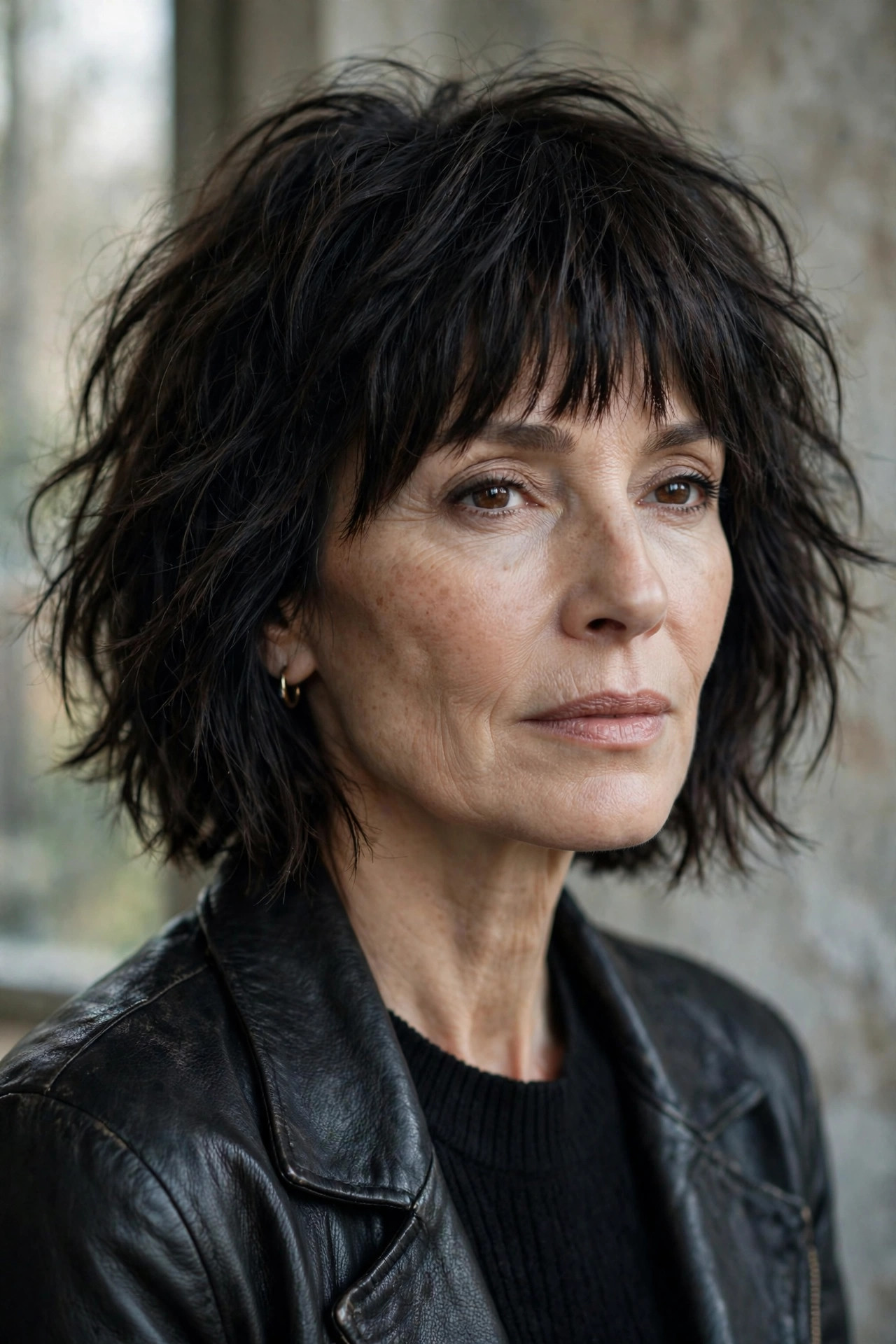 Woman in her 50s with a grunge-Soft Choppy Bob with Heavy Fringe