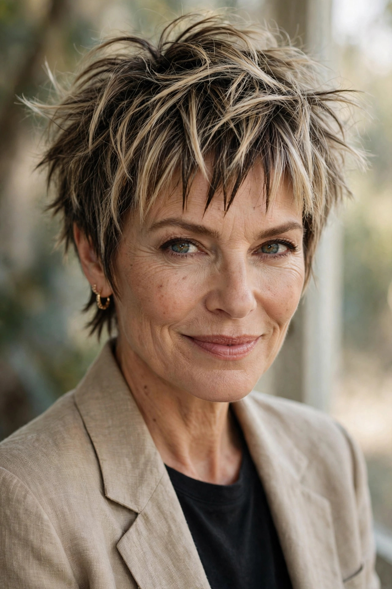 Woman in her 50s with a messy Pixie-Bob with Jagged Bangs