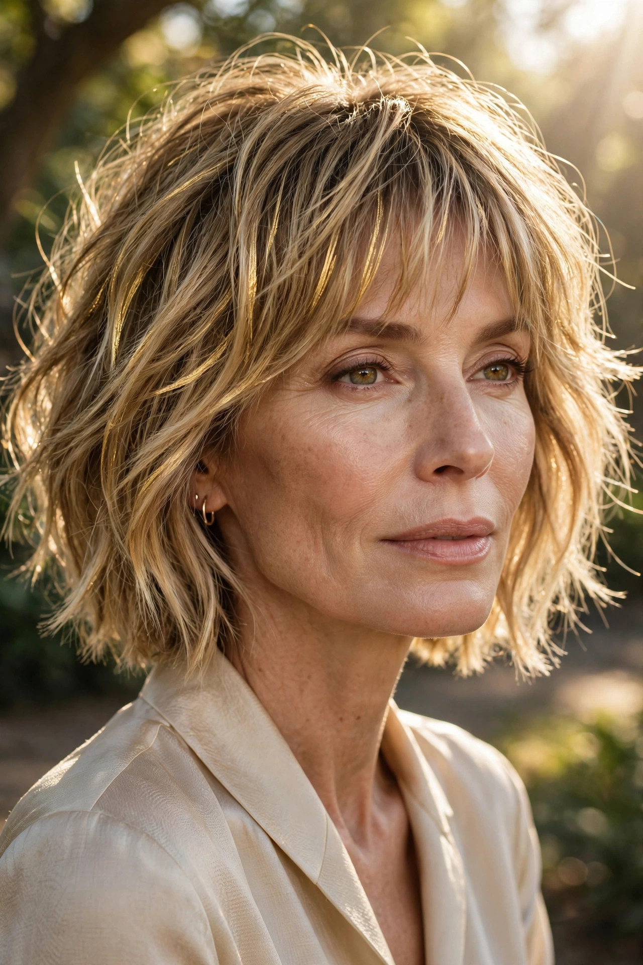 Woman in her 50s with a golden Balayage Choppy Bob with Wispy Bangs