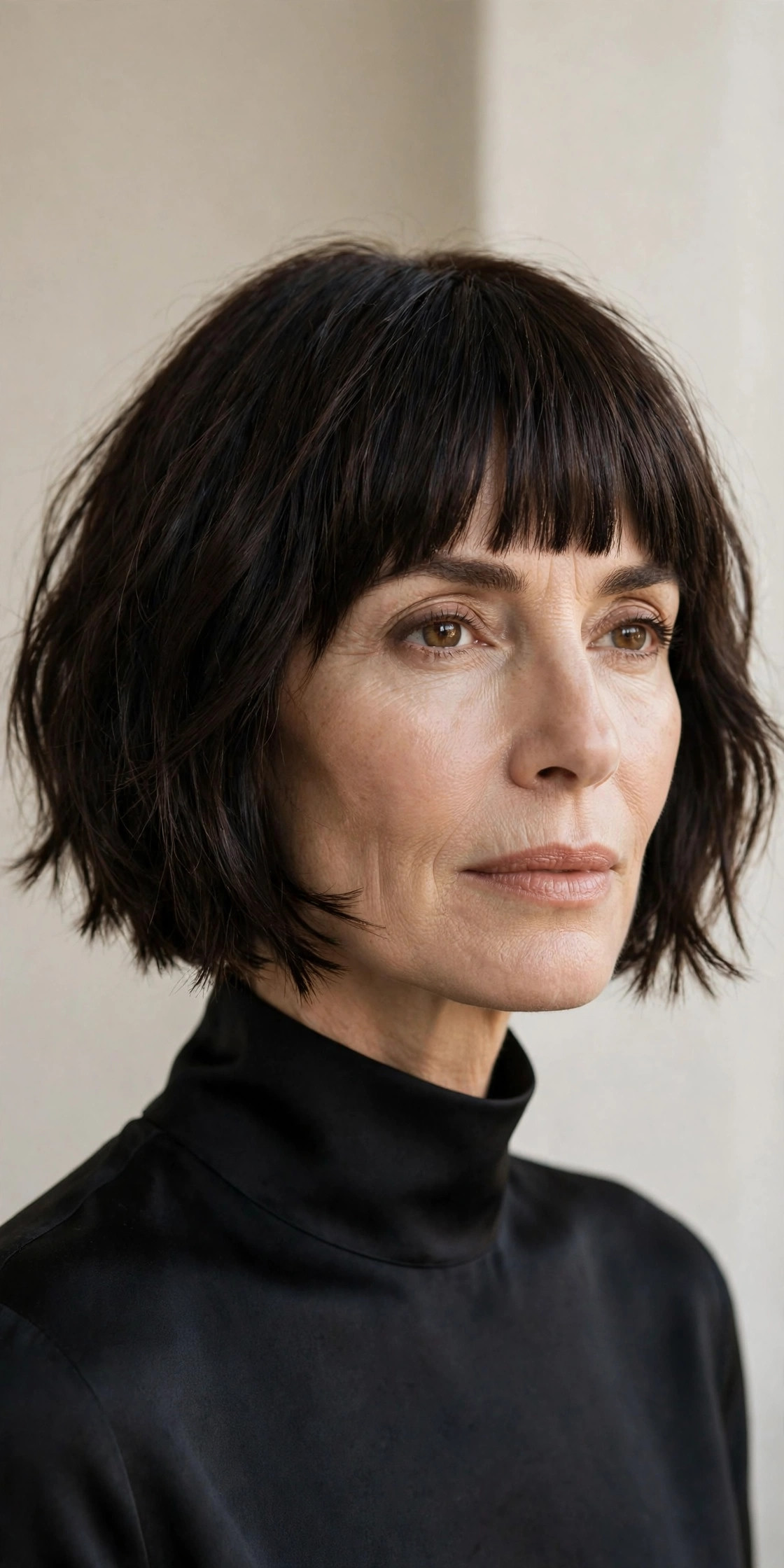 Woman in her 50s with a espresso Choppy Bob with Blunt Bangs