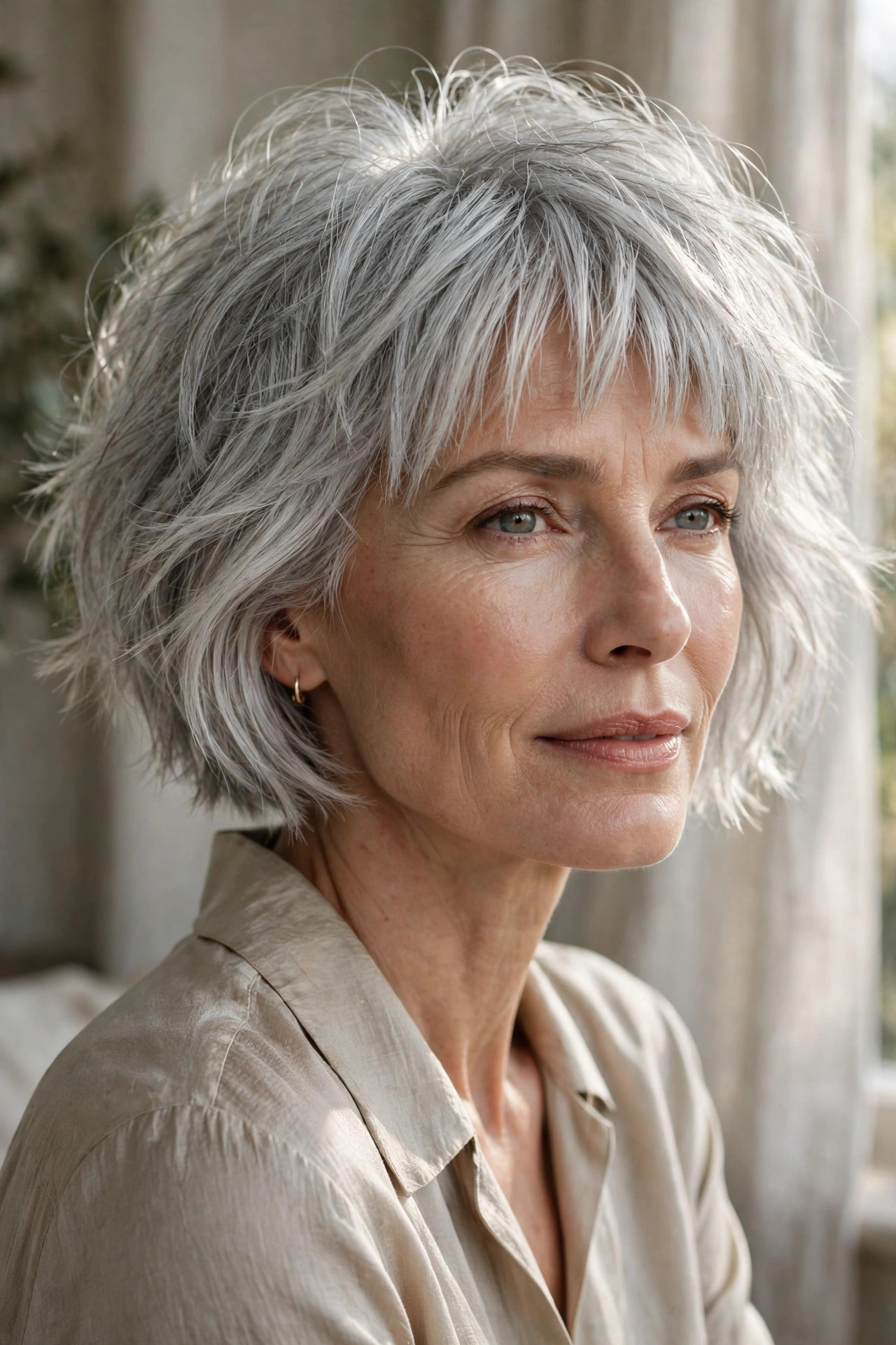 Woman in her 50s with a silver Fox Choppy Bob with Choppy Fringe