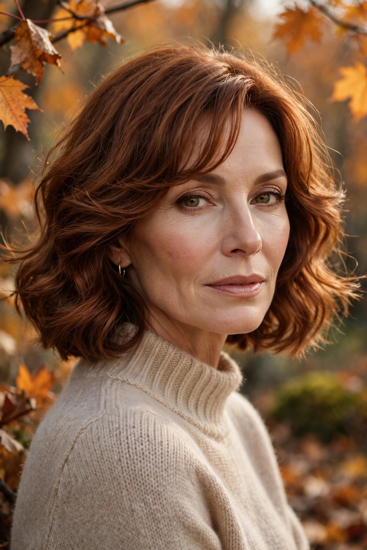 Woman in her 50s with a auburn Wavy Bob with Curved Bangs