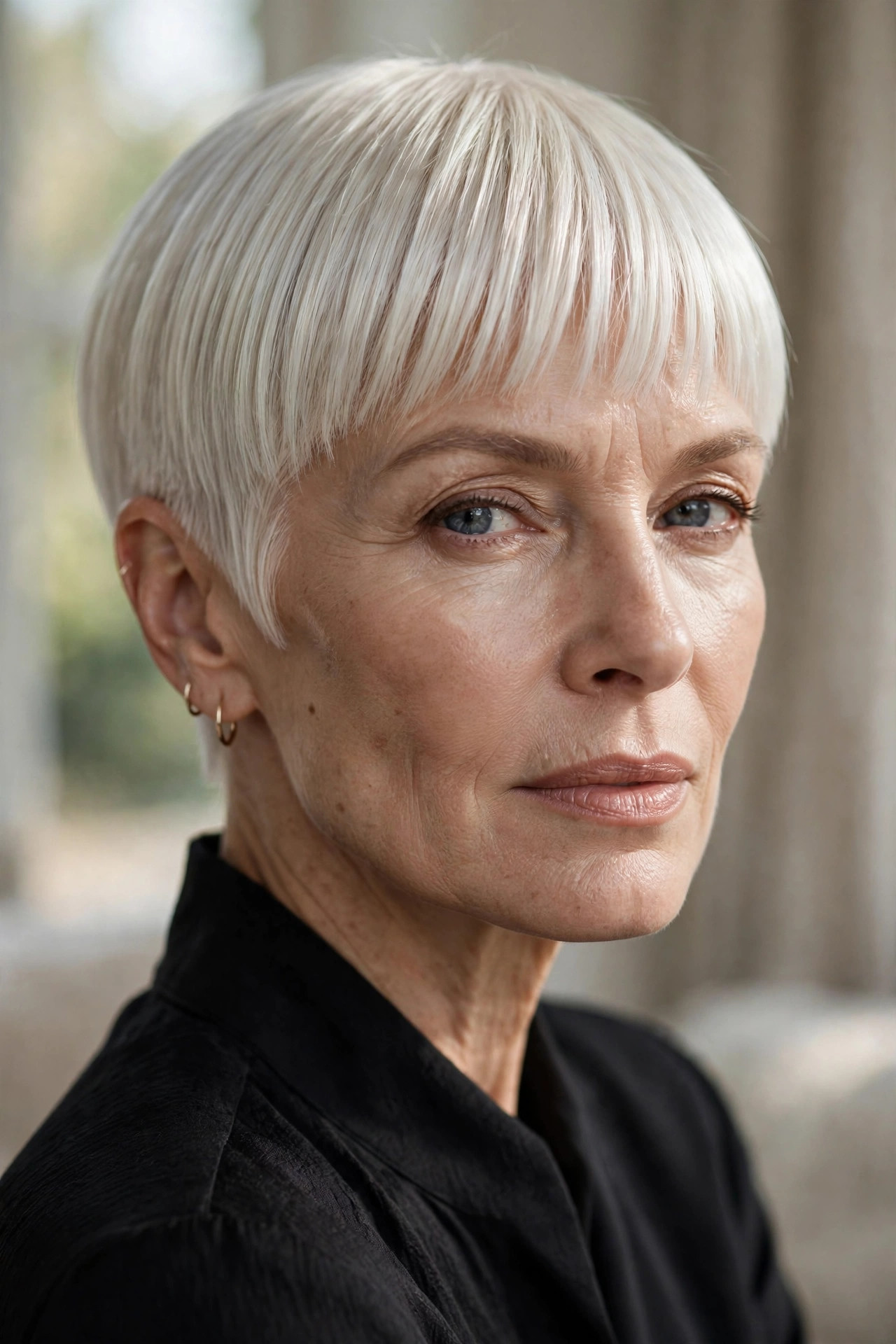 Woman in her 50s with a platinum Micro Bob with Brow-Grazing Bangs