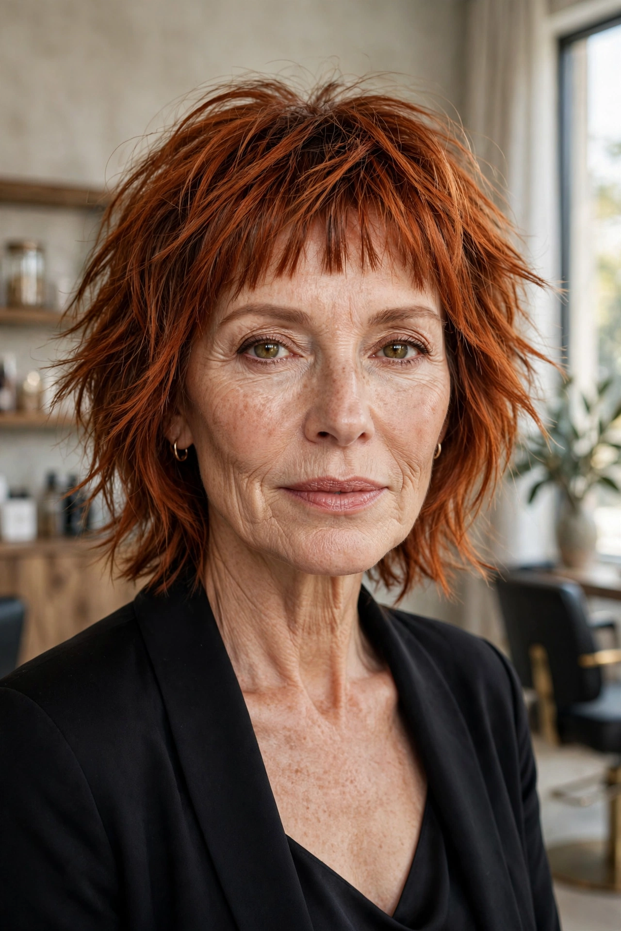 Copper choppy shag with bottleneck bangs