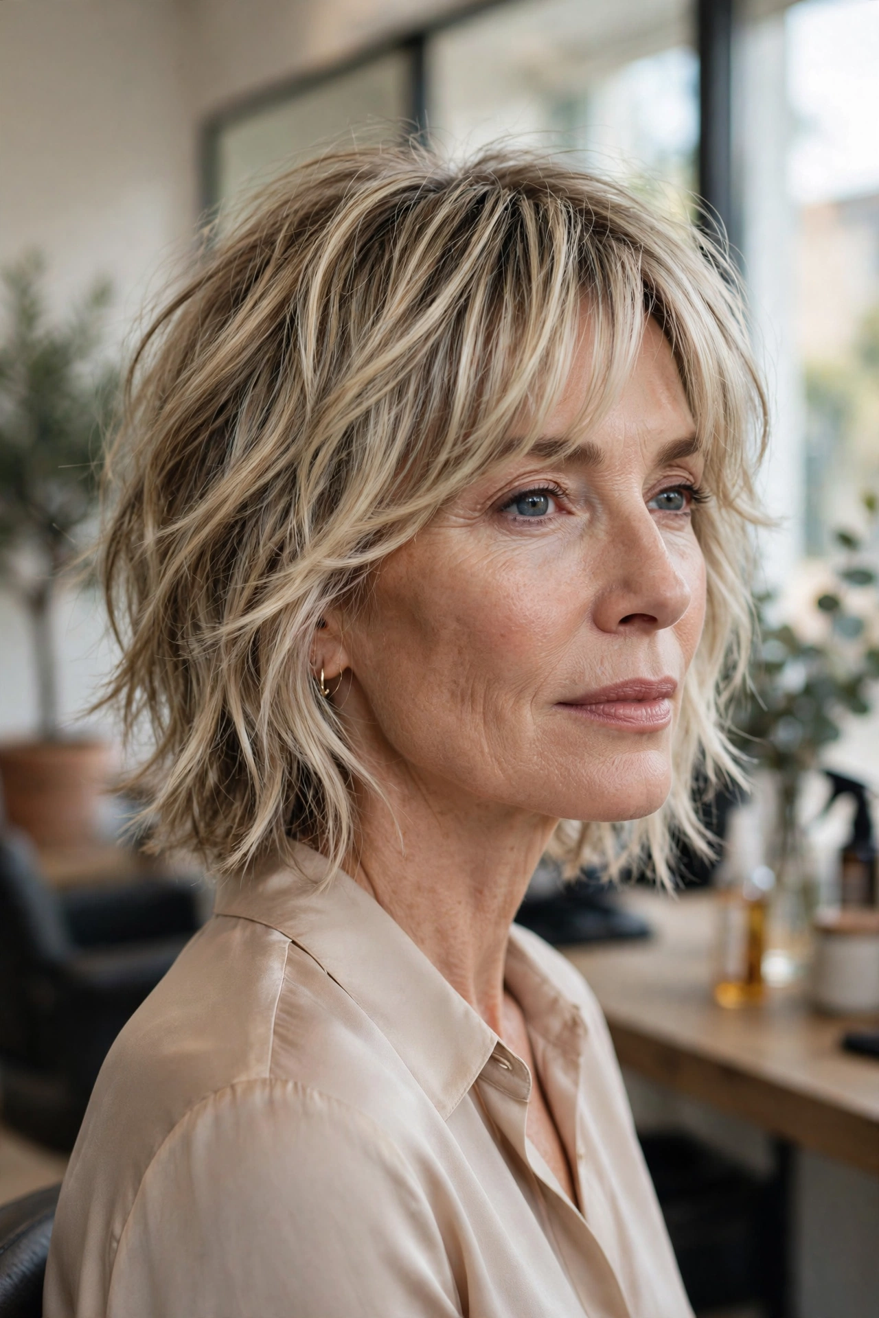 Cool-blonde choppy shag with curved bangs