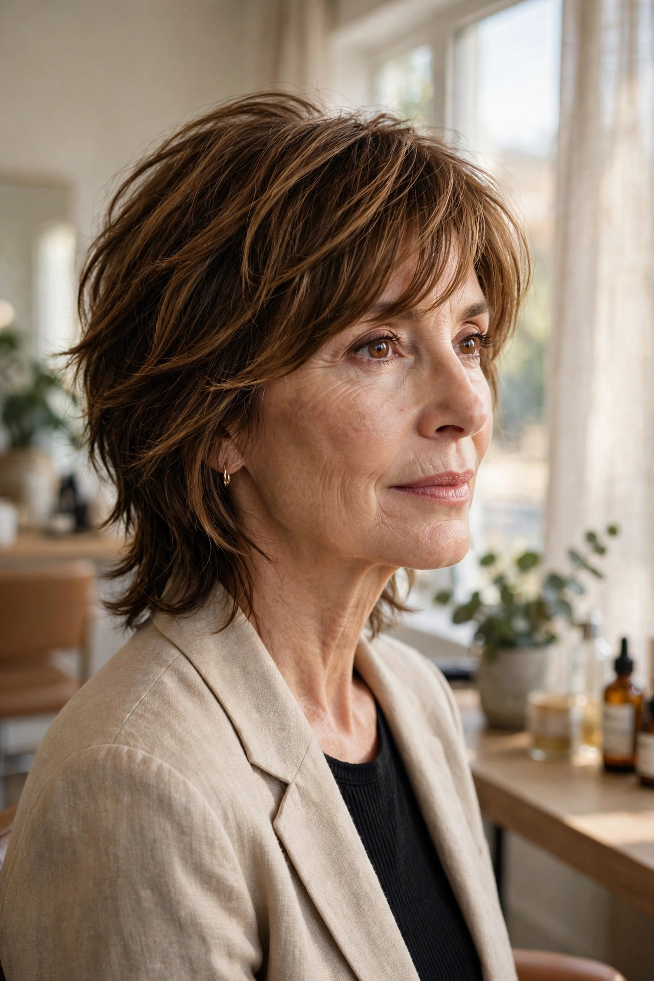 Side-swept fringe choppy shag