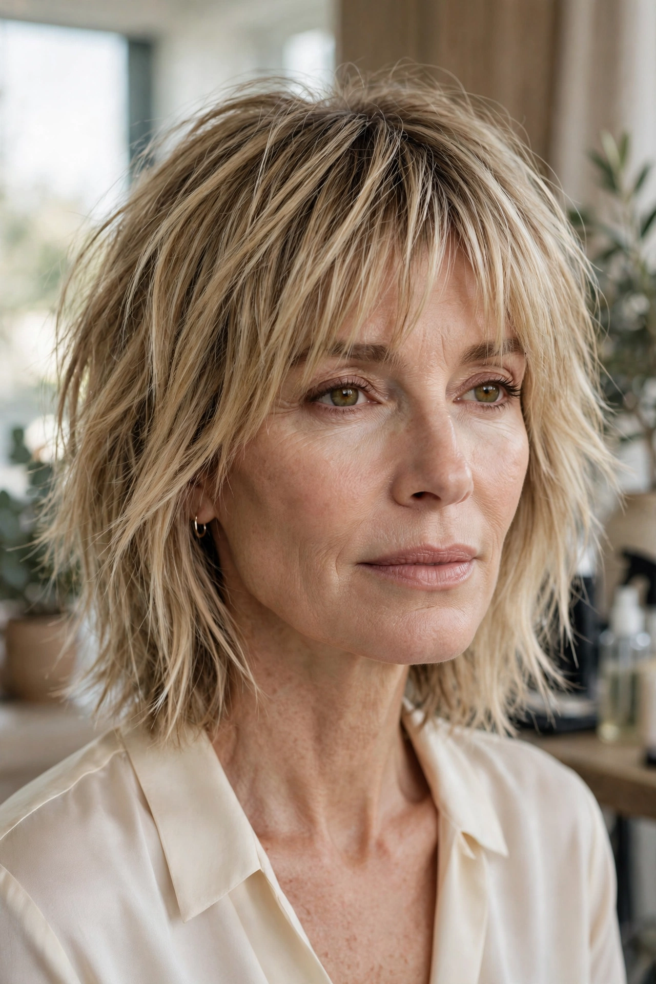 Collarbone choppy shag with split bangs