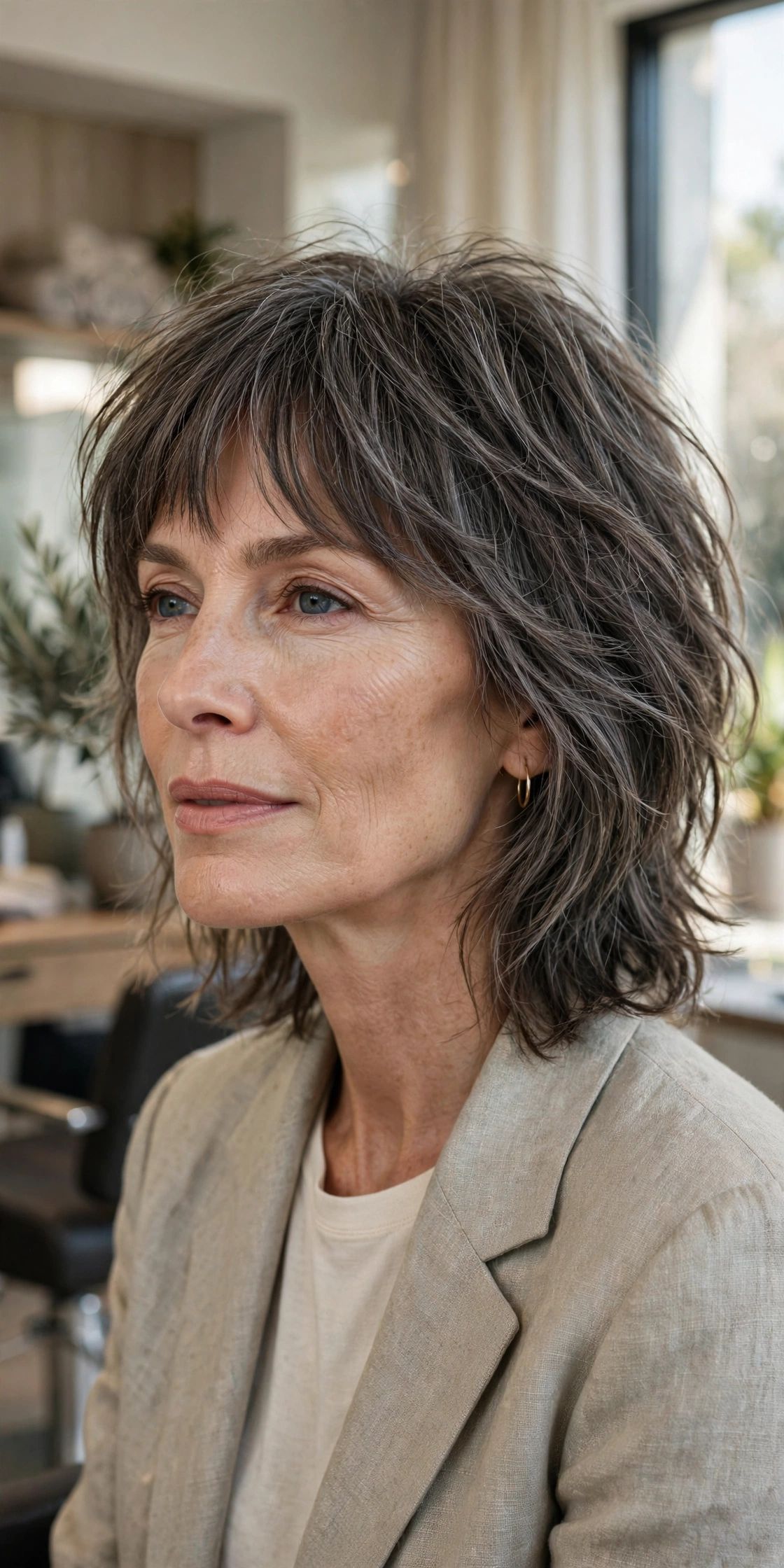 Grown-out fringe choppy shag
