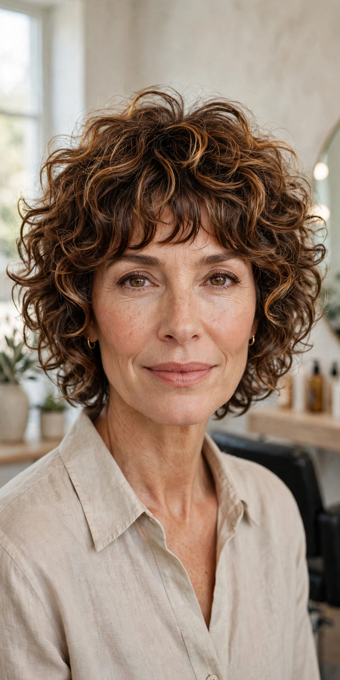 Curly choppy shag with rounded bangs