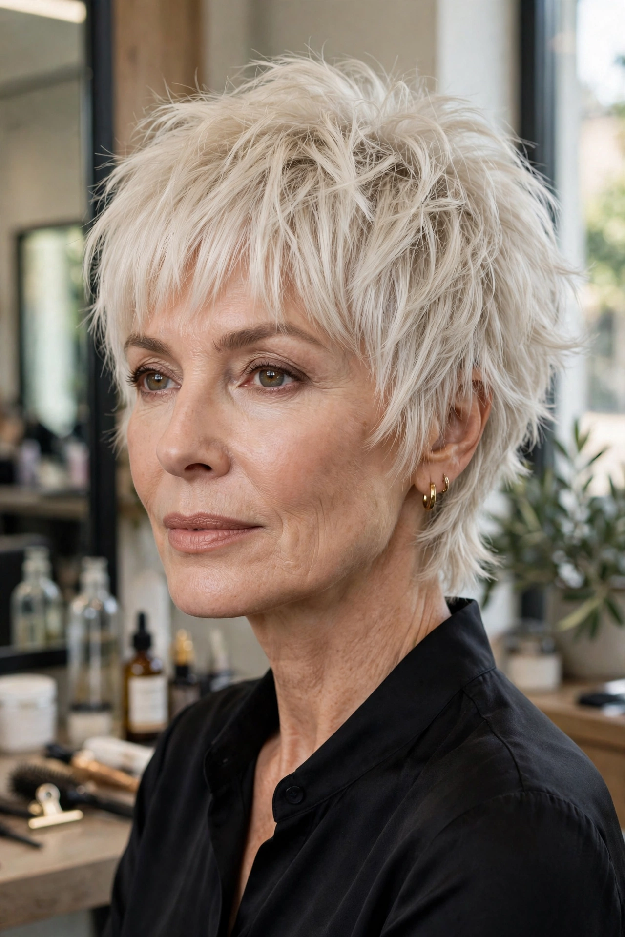 Platinum choppy shag with bangs
