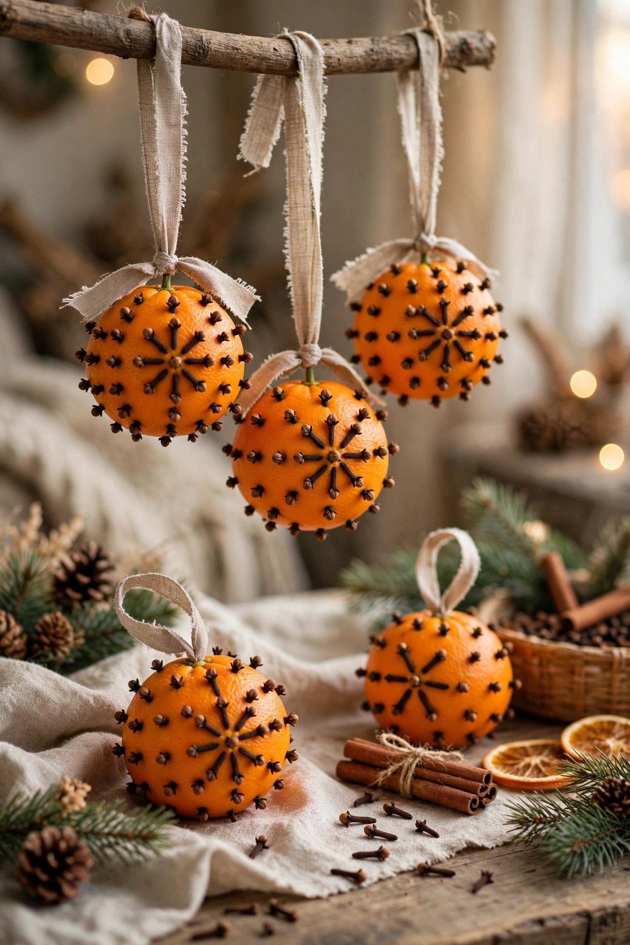Clove studded orange pomanders with ribbon for budget Christmas decoration