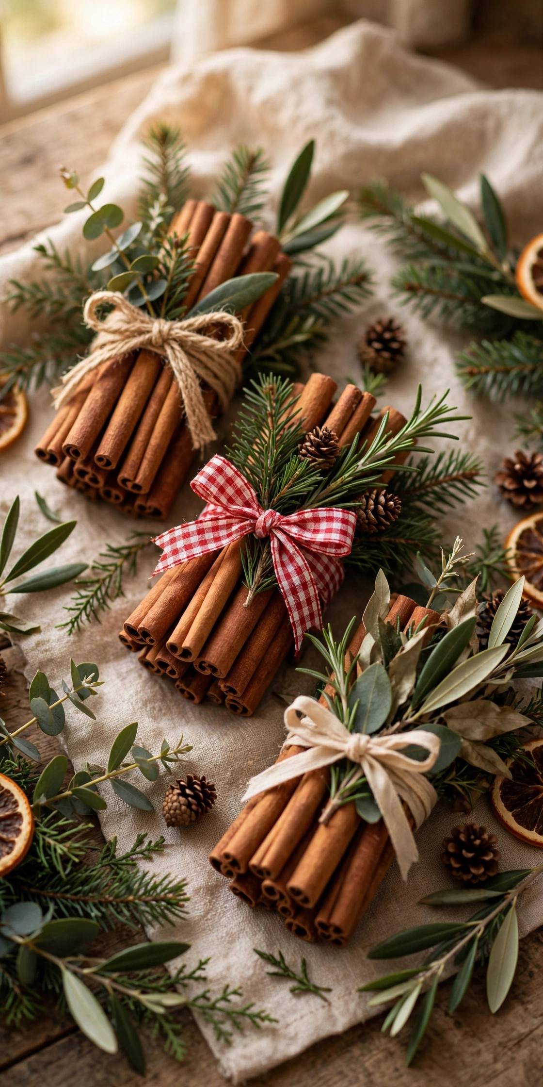 Bundles of cinnamon sticks tied with ribbon as budget Christmas decoration