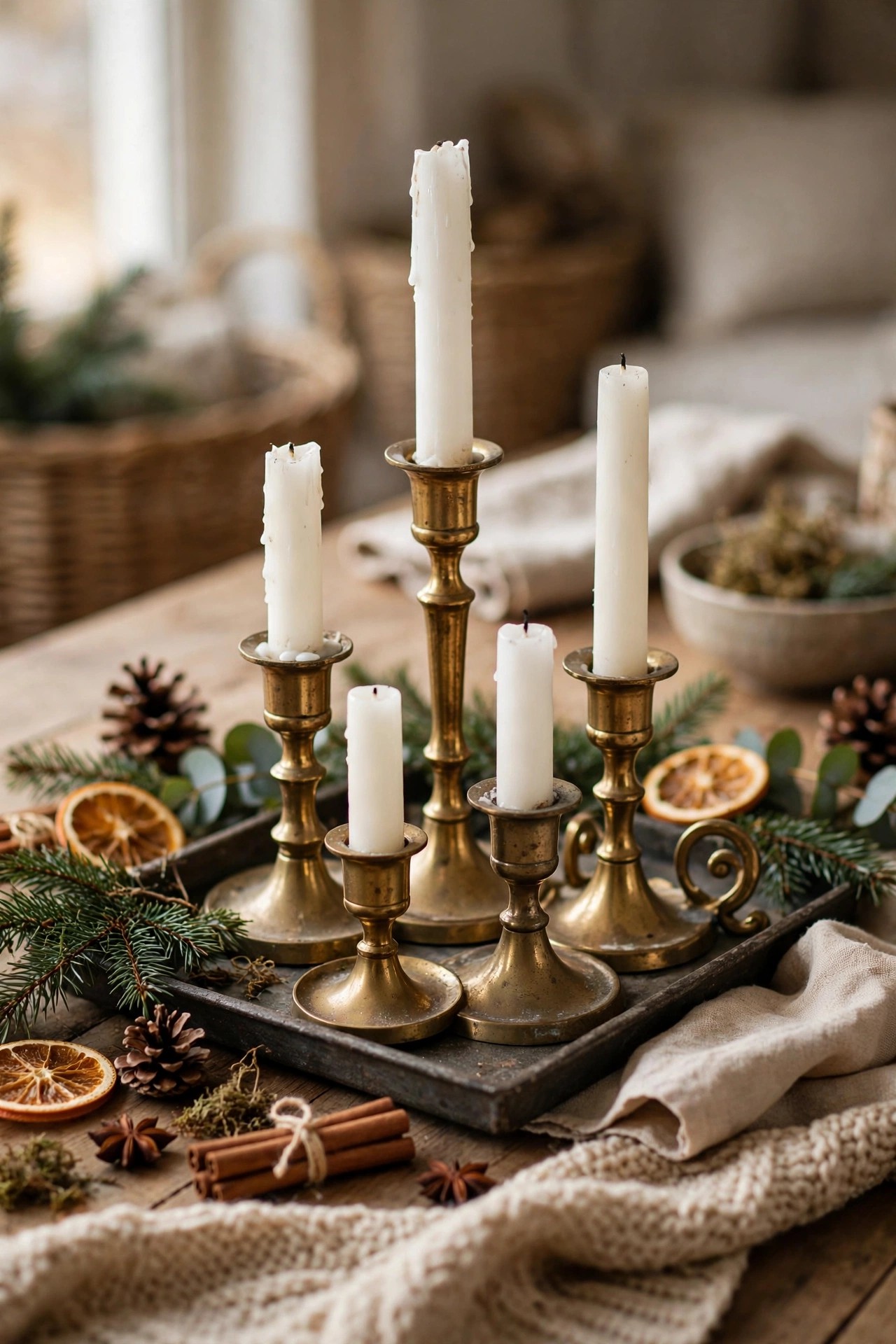 Cluster of thrifted brass candlesticks with white candles budget Christmas decor