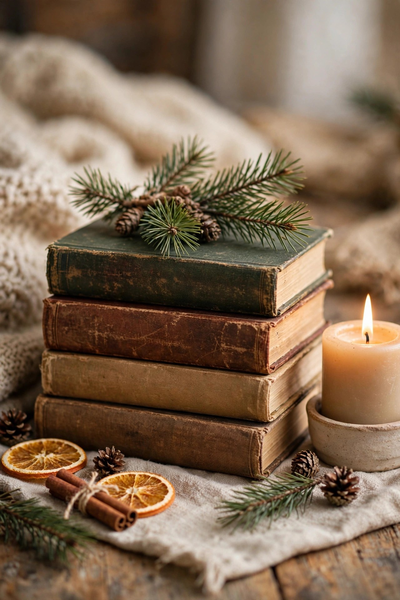 Stack of vintage books with evergreen sprigs for budget Christmas vignette