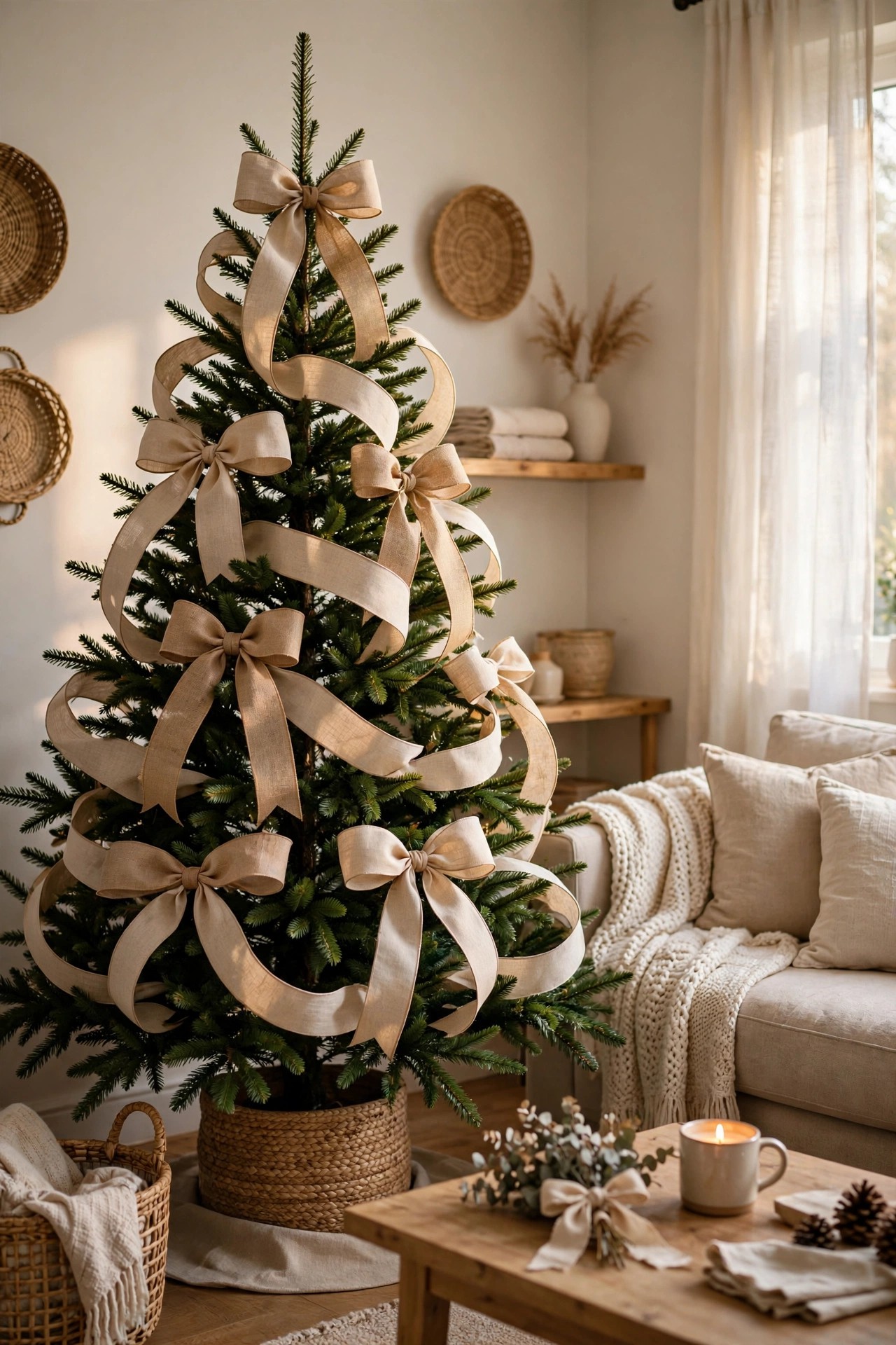 Christmas tree decorated with only wide ribbon no ornaments budget idea