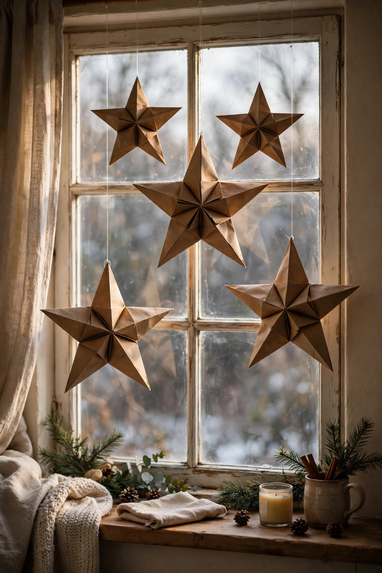 Paper bag stars hanging in a window for budget Christmas decoration