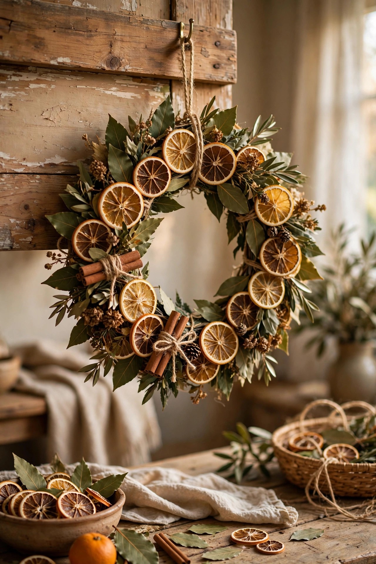 Wreath made of dried citrus slices and bay leaves budget Christmas decoration