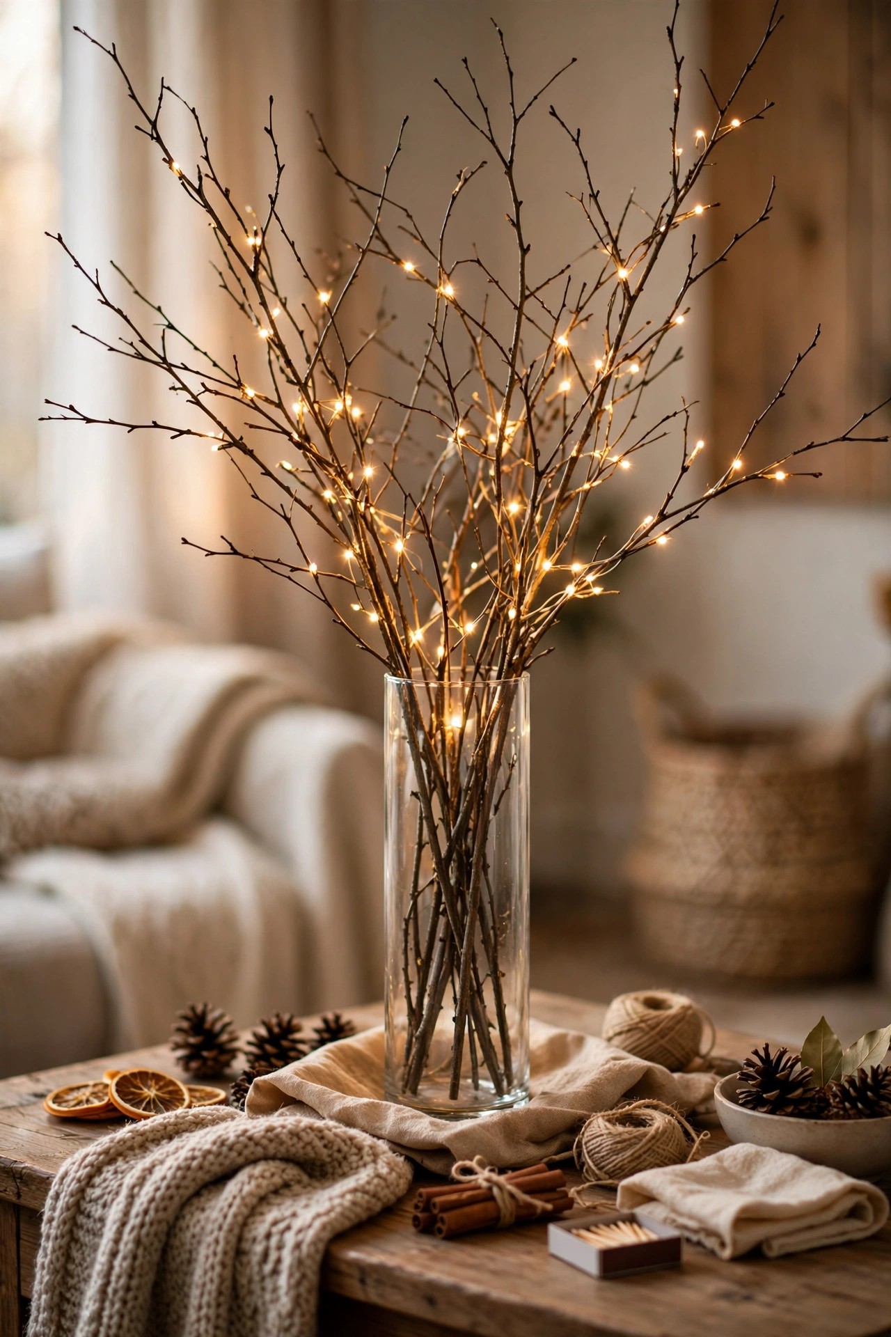 Tall vase with bare branches wrapped in fairy lights budget Christmas decor