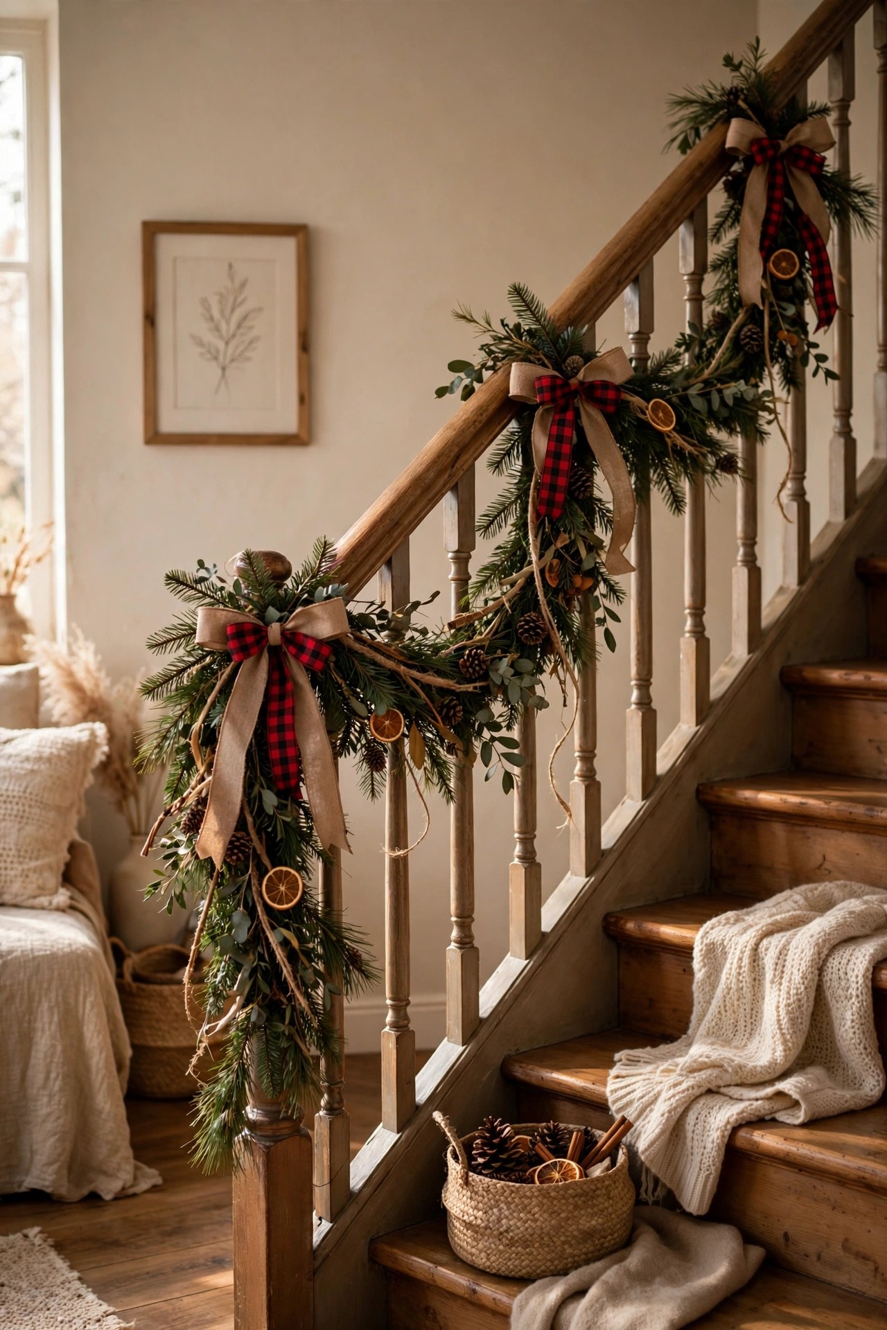 Staircase banister decorated with pine branch swag for budget Christmas
