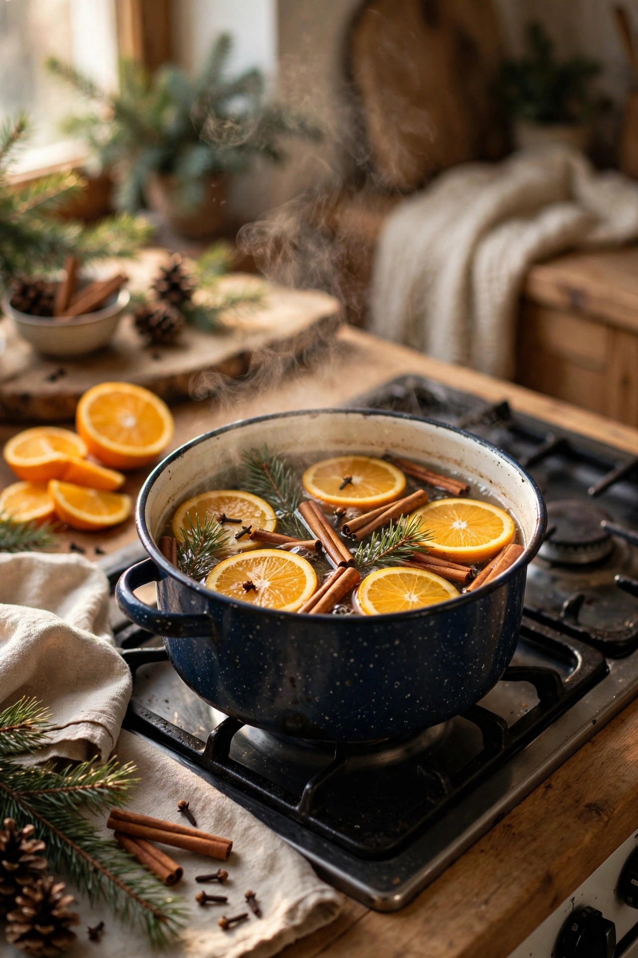 Simmering potpourri pot with oranges and cinnamon as fragrant budget Christmas decor