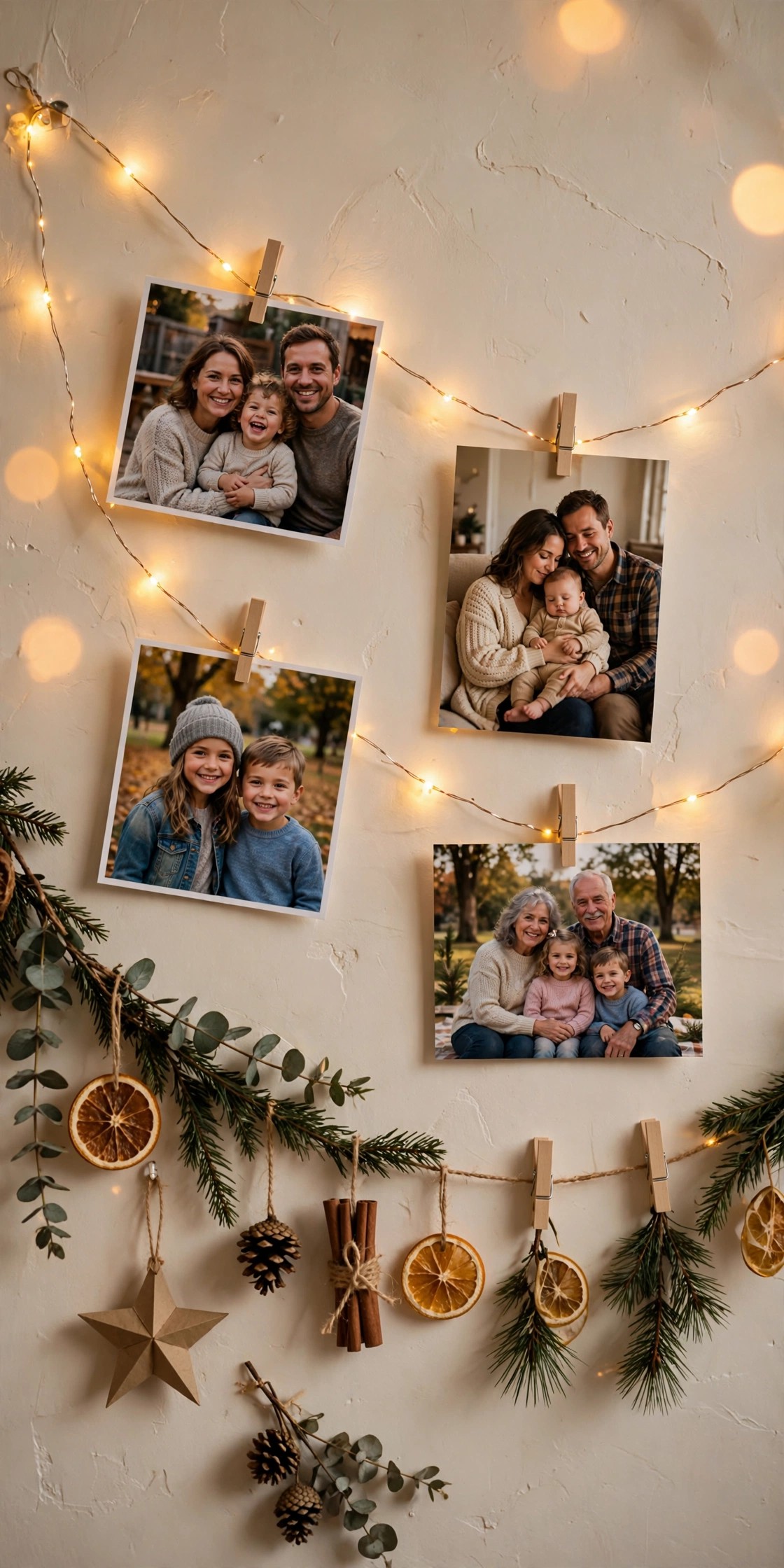 Family photos clipped to twinkle lights on a string budget Christmas display