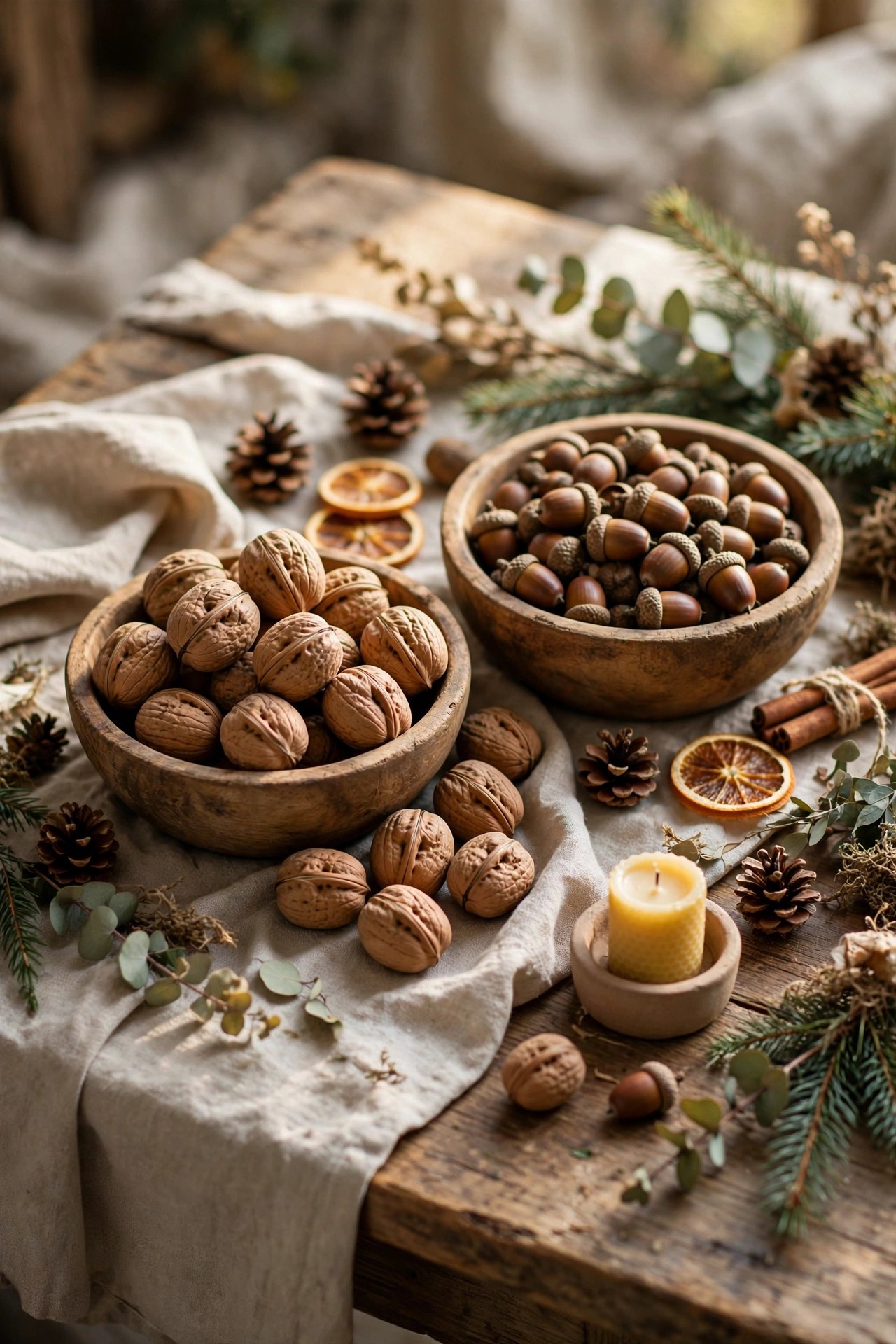 Bowls of walnuts and acorns as natural budget Christmas table decoration