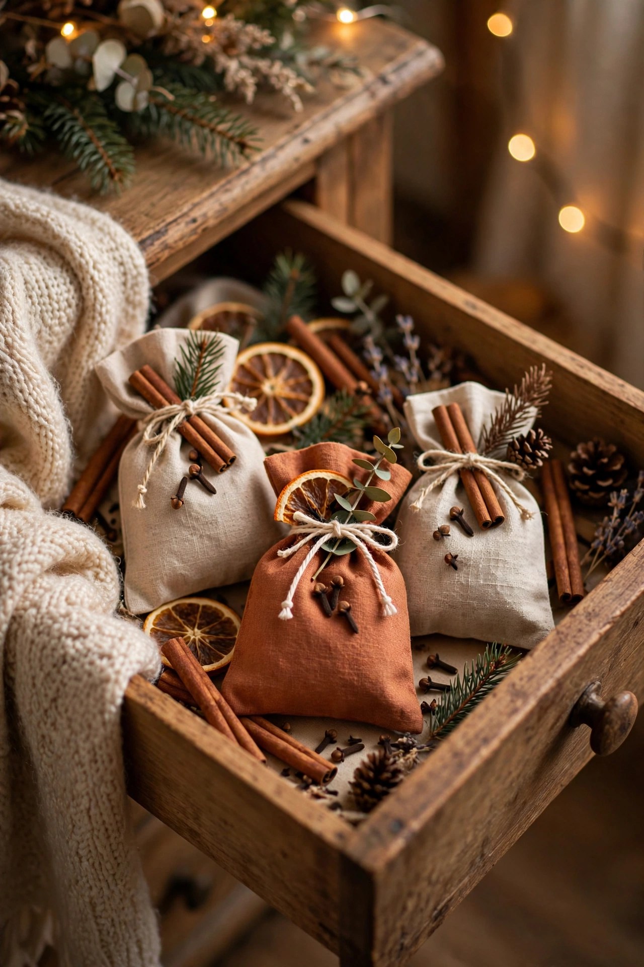 Christmas spice scented drawer sachets in festive packaging, stocking stuffer gift
