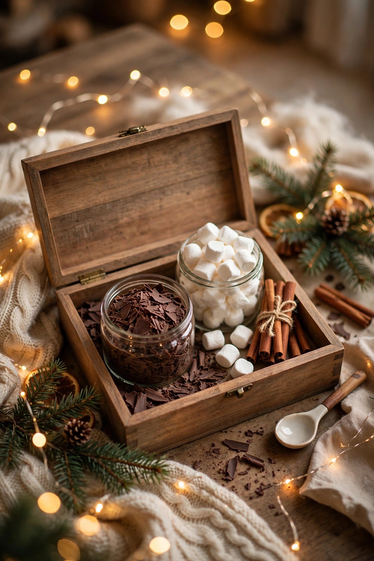 Gourmet hot chocolate kit with marshmallows and spices, festive Christmas gift