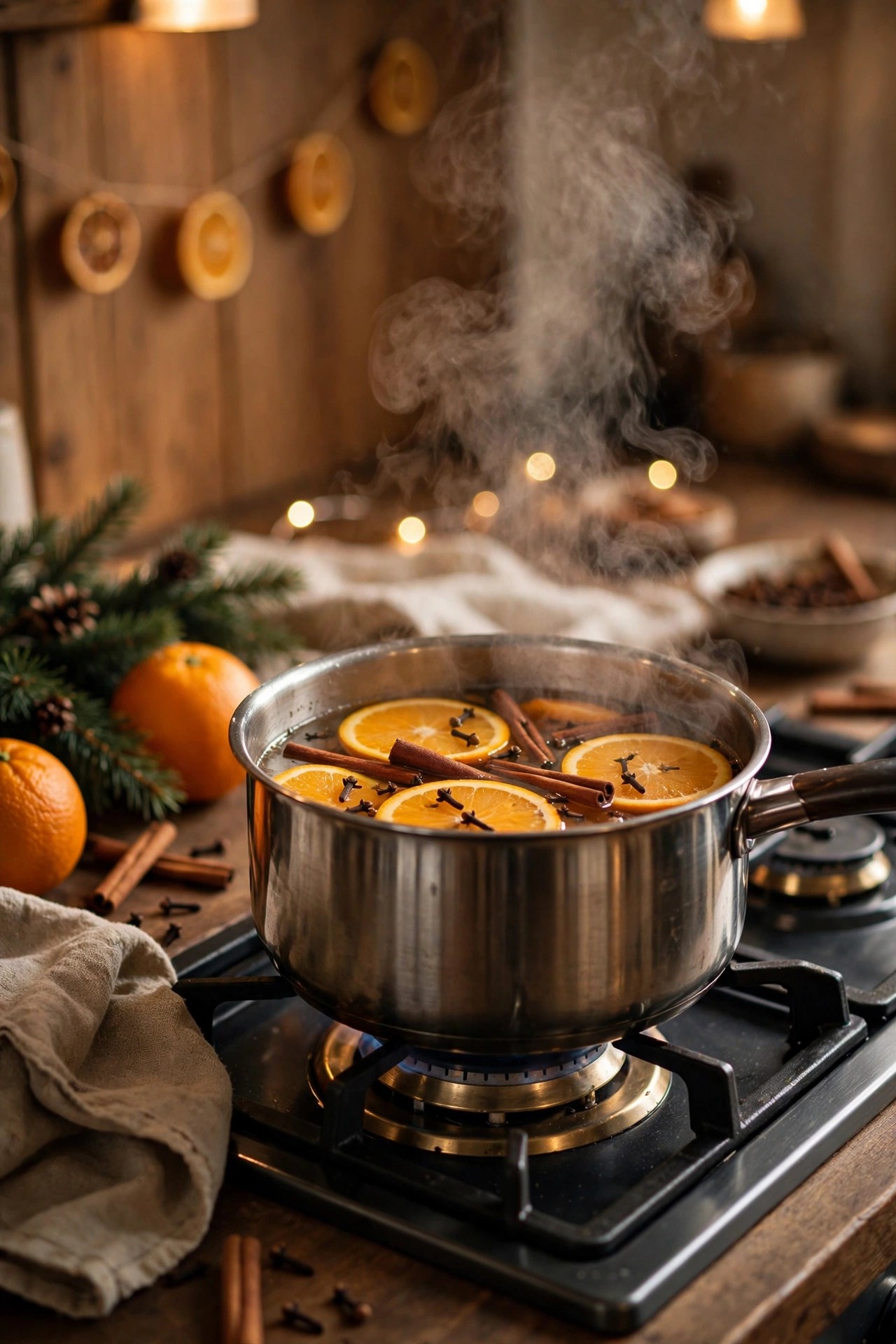 Simmer pot with oranges cinnamon and cloves on a stove, festive home fragrance gift
