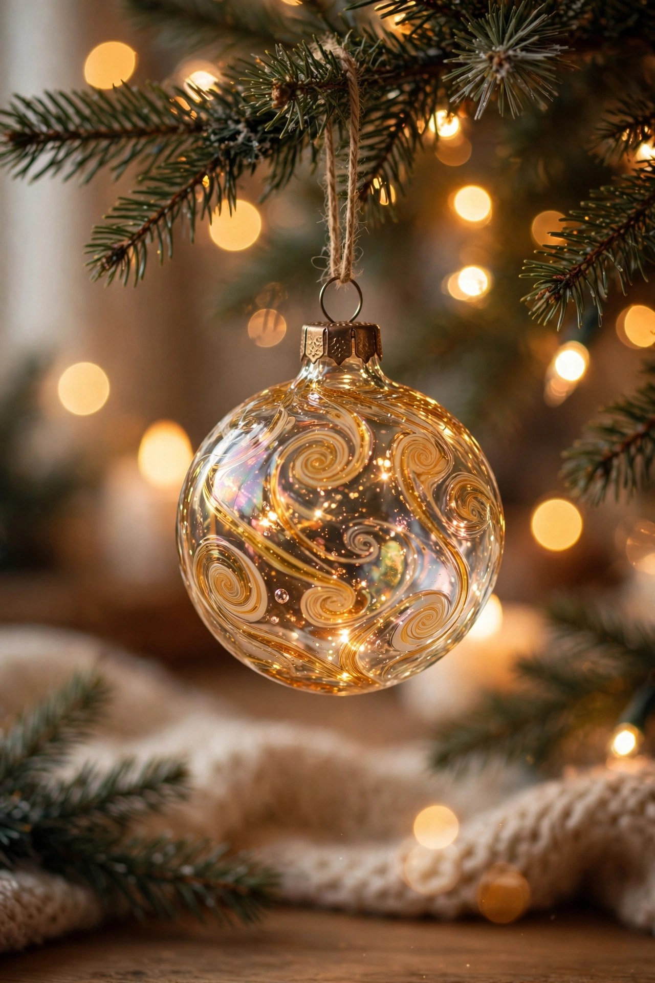 Hand blown glass Christmas ornament catching tree lights, festive keepsake gift