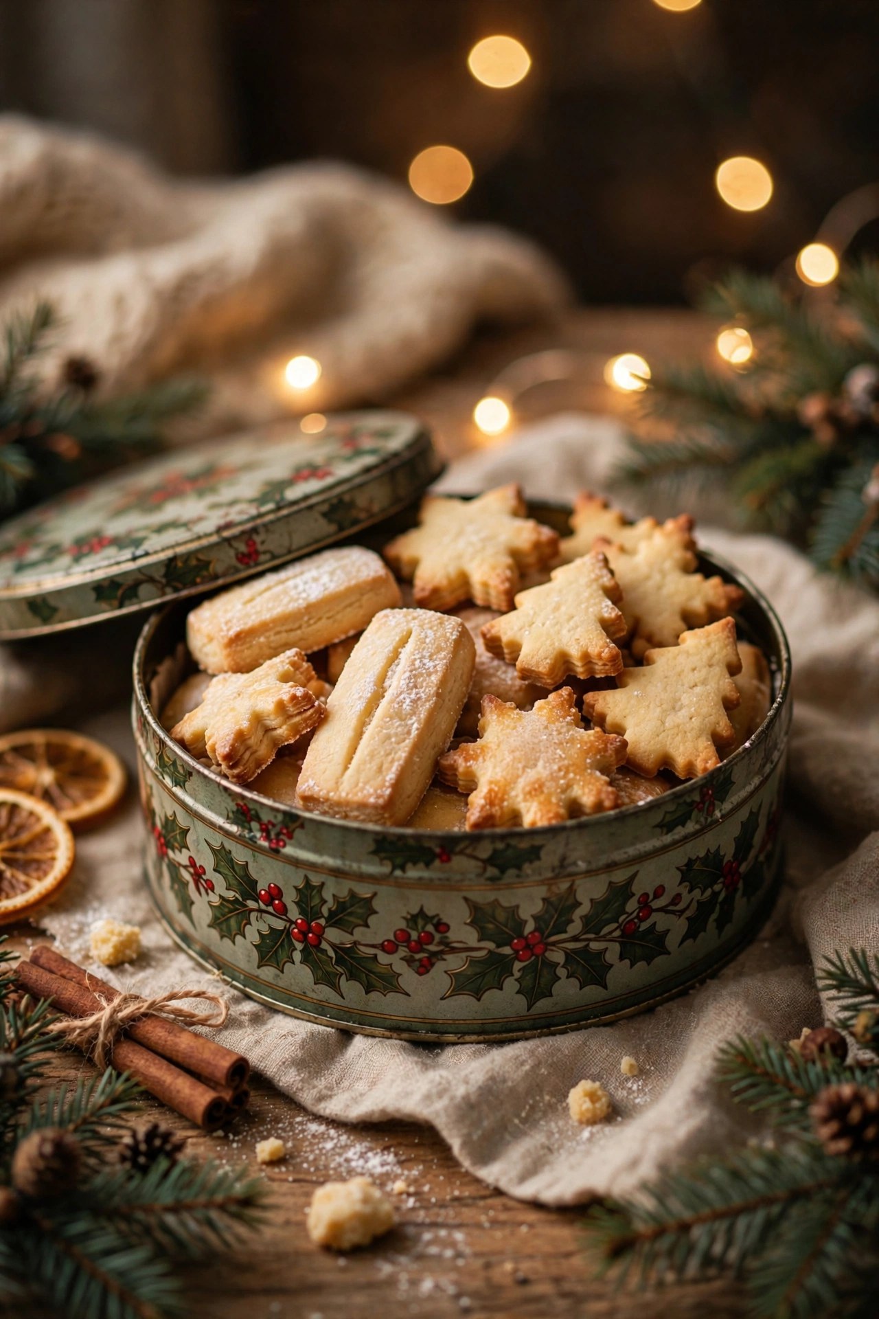 Decorative tin of Christmas shortbread biscuits, classic holiday gift for her