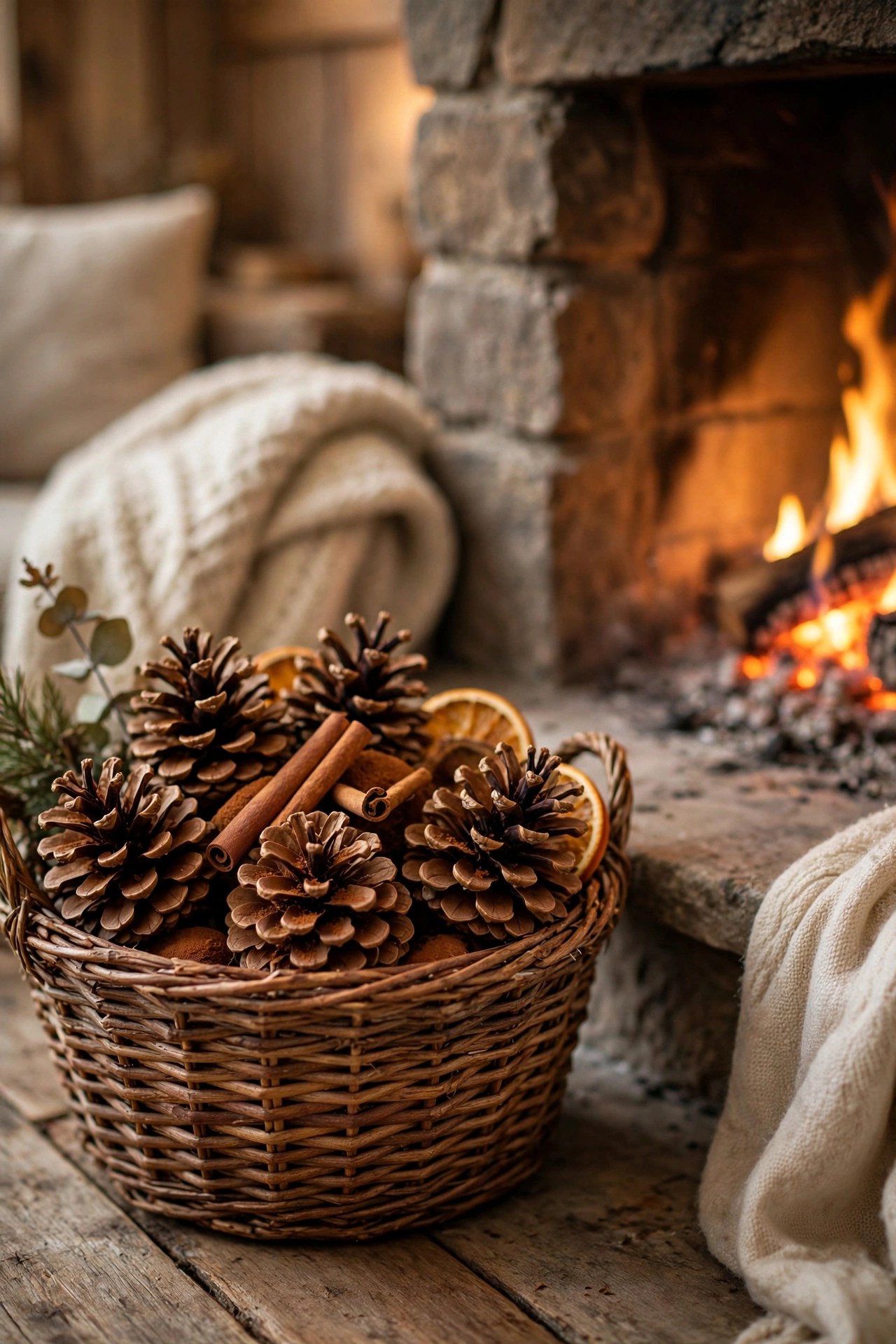 Cinnamon scented pinecone fire starters in a basket, cozy Christmas gift
