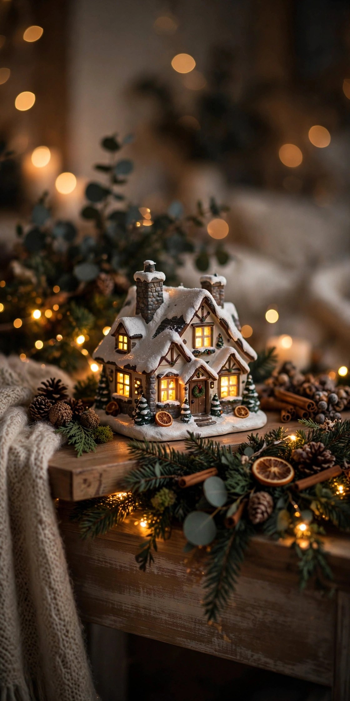 Miniature Christmas village house with glowing windows, festive collectible gift