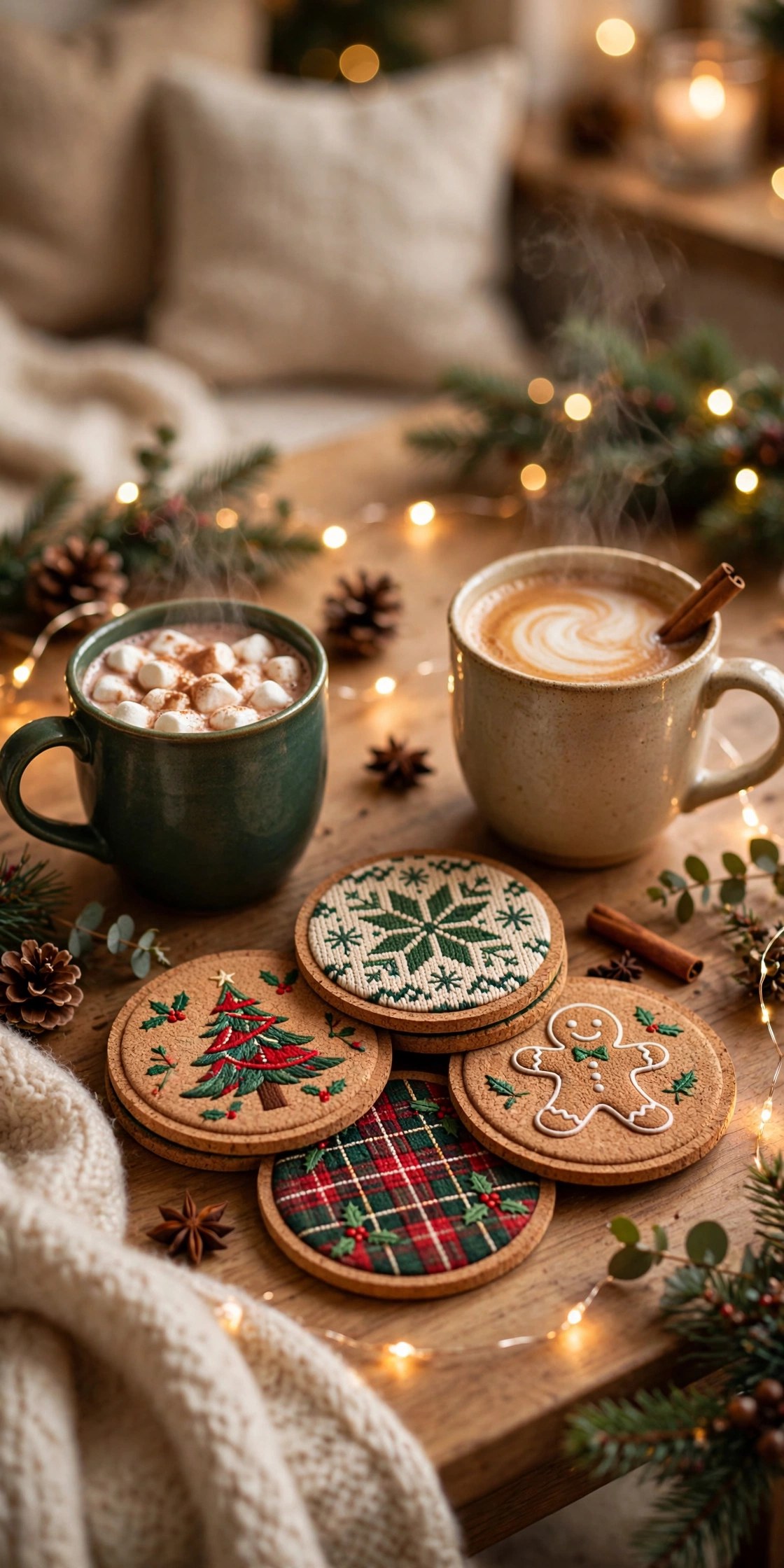 Set of festive Christmas coasters on a coffee table, holiday home gift
