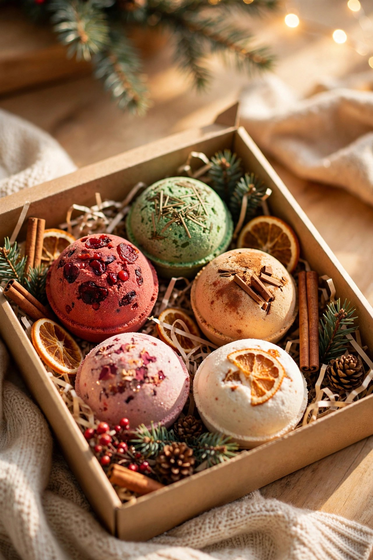 Festive bath bombs in Christmas scents, pampering stocking stuffer gift