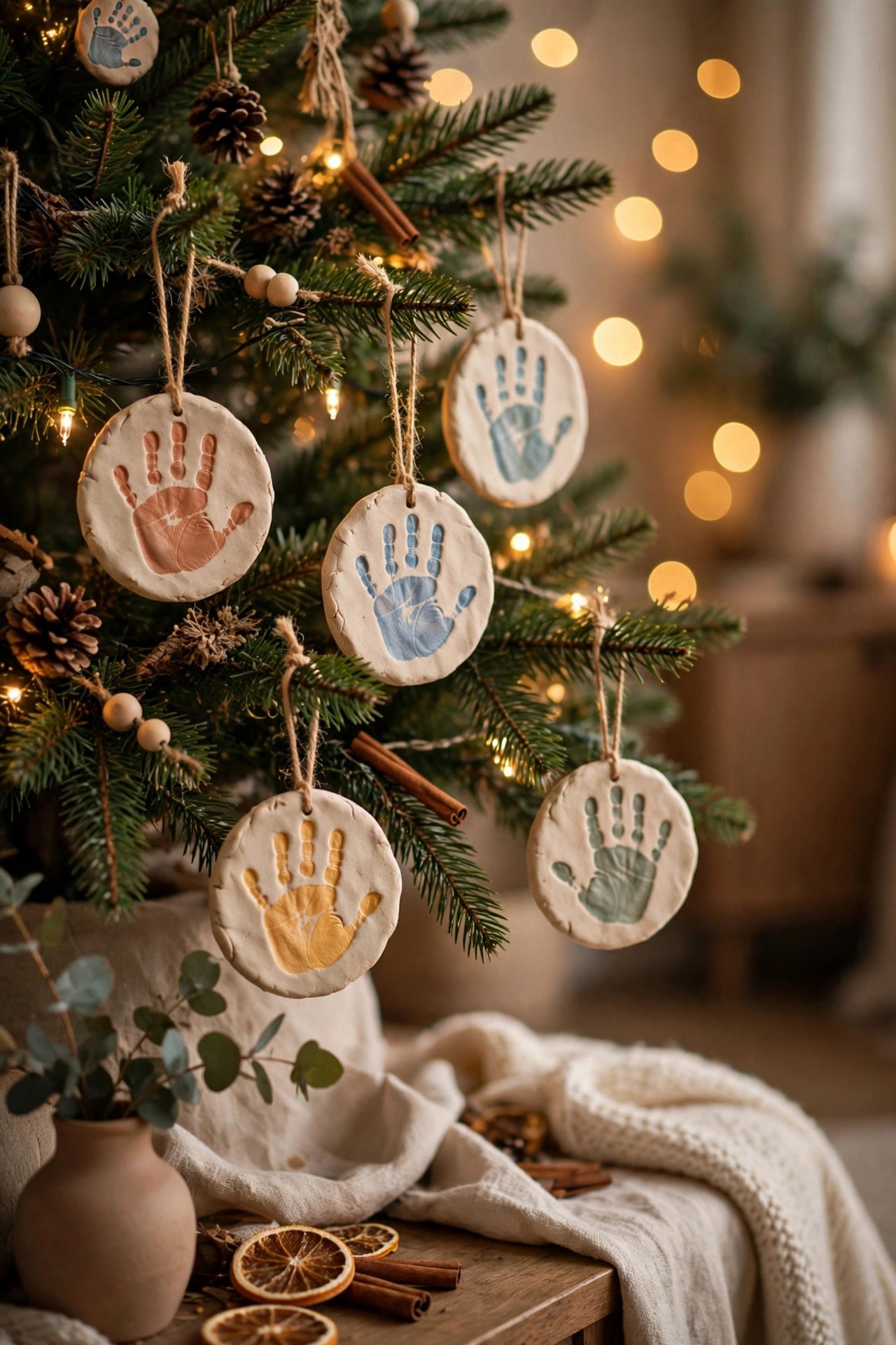 Christmas ornaments with grandchildrens handprints, heartfelt family keepsake gift
