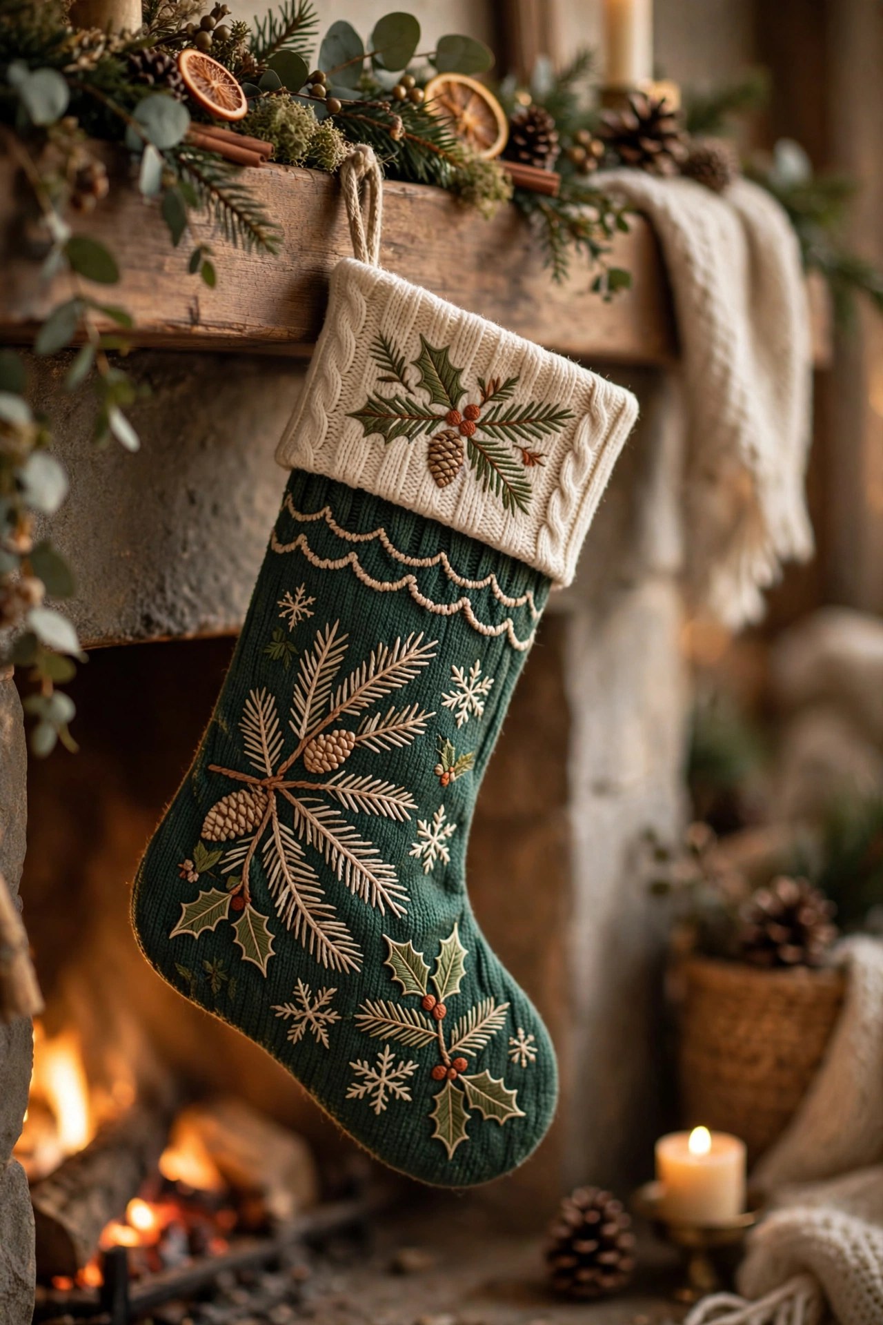 Embroidered Christmas stocking with her name by the fireplace, personalized holiday gift