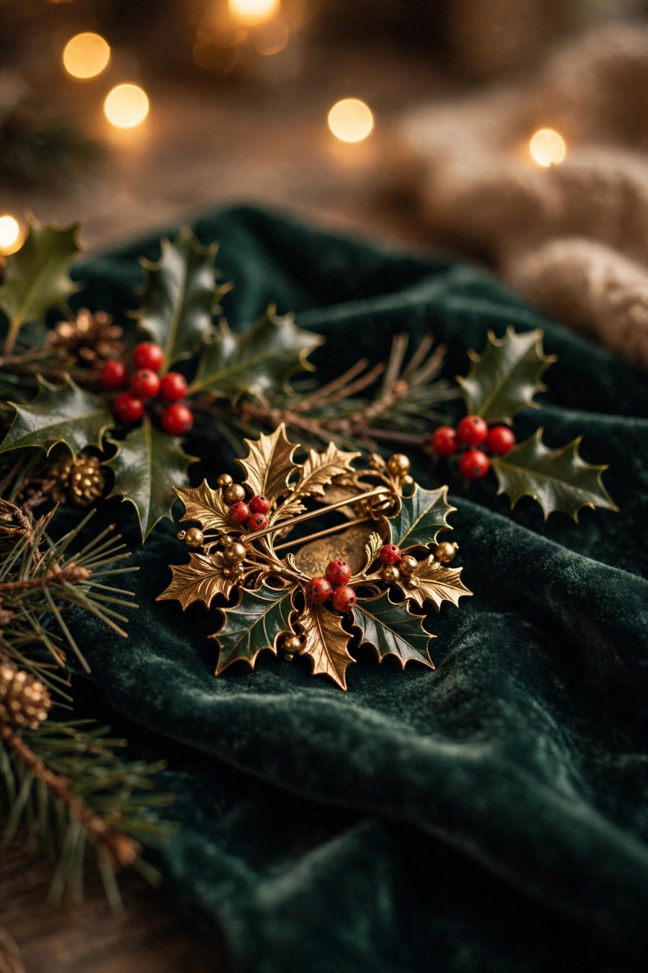 Vintage style Christmas brooch with holly design, festive jewelry gift for her