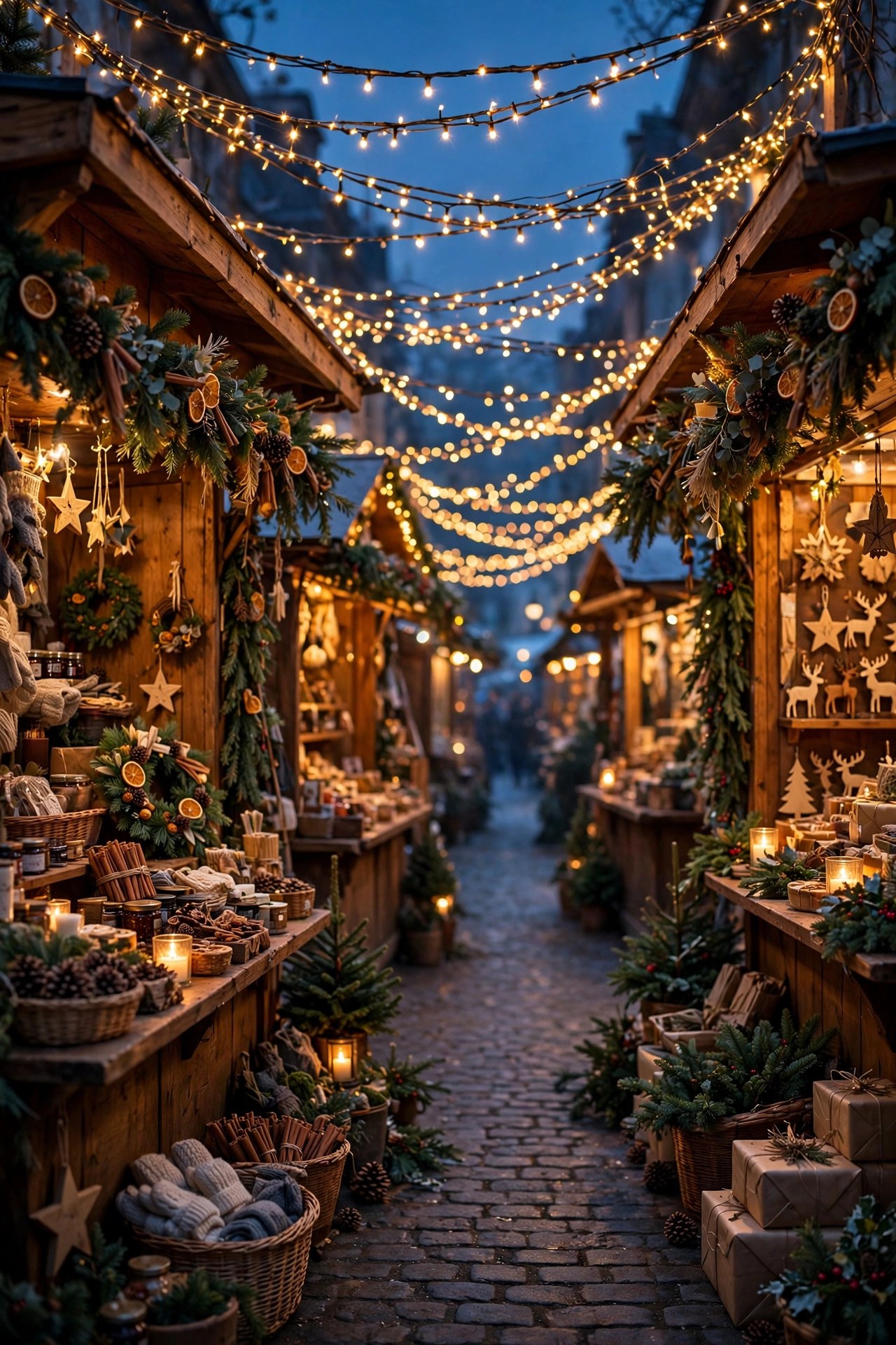 Festive Christmas market with lights and stalls, holiday day trip gift