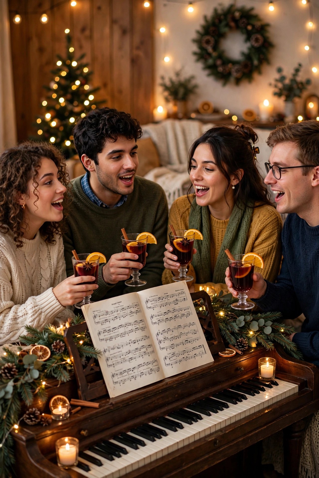 Friends singing carols around a piano with mulled wine, festive Christmas gathering
