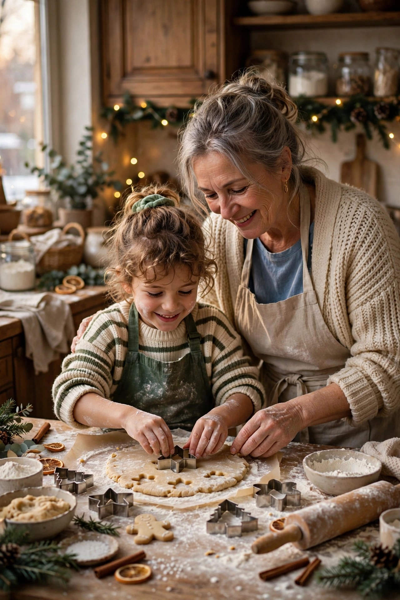 Grandmother and grandchild baking Christmas cookies together, festive family tradition gift