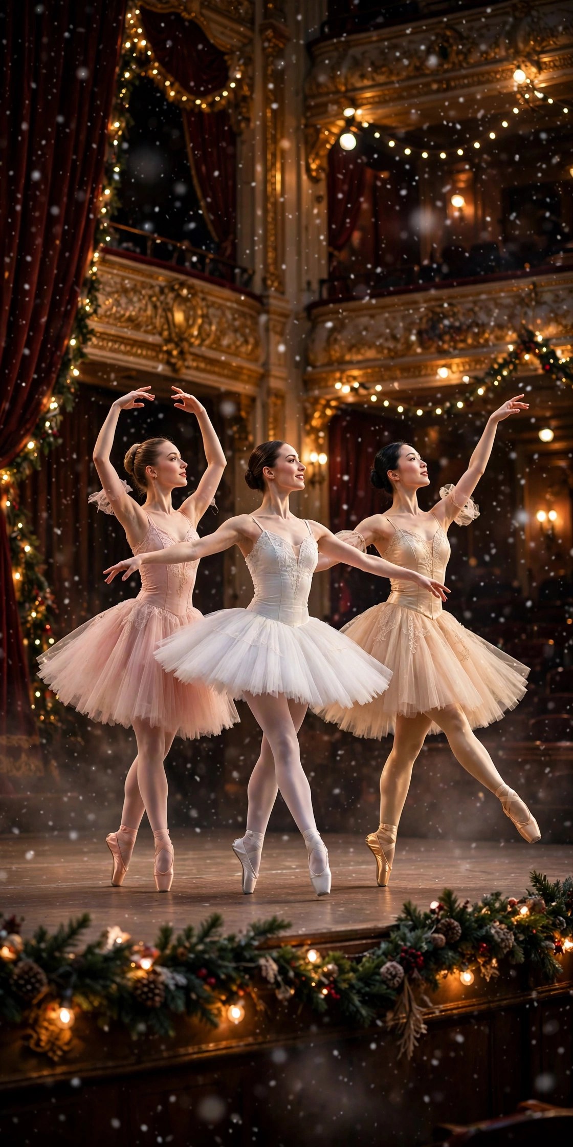 Ballet dancers performing the Nutcracker on a grand stage, magical Christmas experience gift