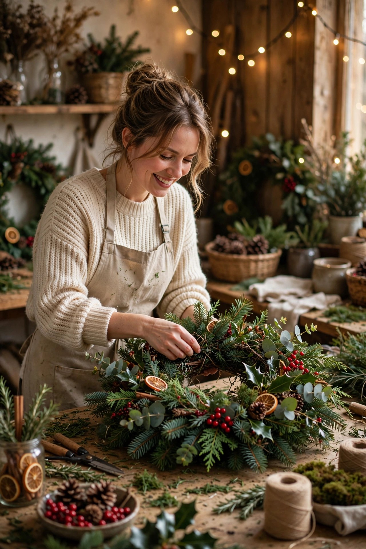 Woman making a Christmas wreath with evergreens in a workshop, festive creative gift