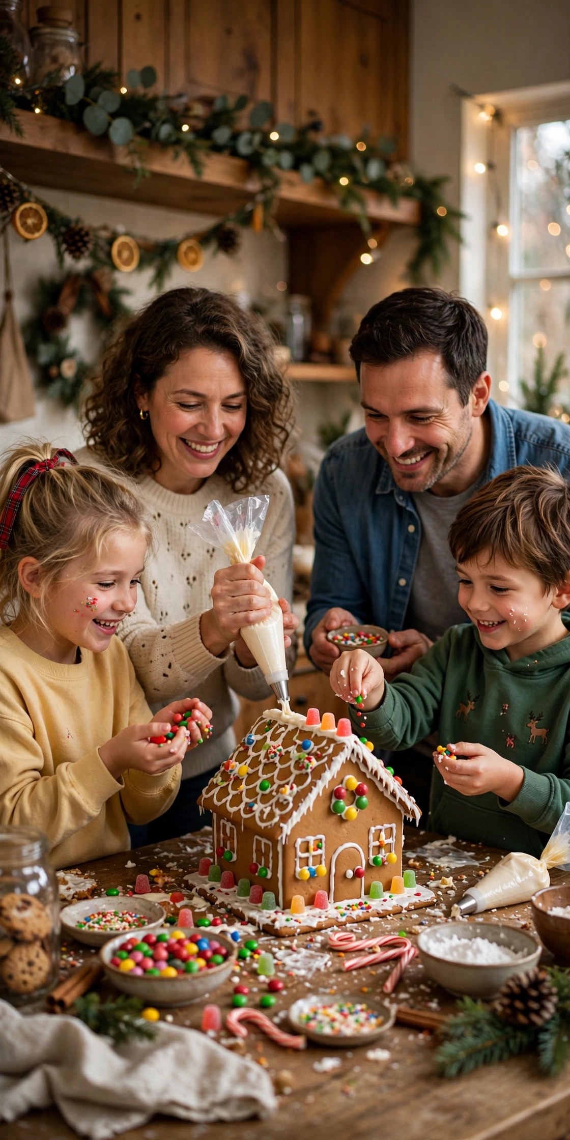 Family decorating a gingerbread house with icing and candy, fun Christmas tradition gift