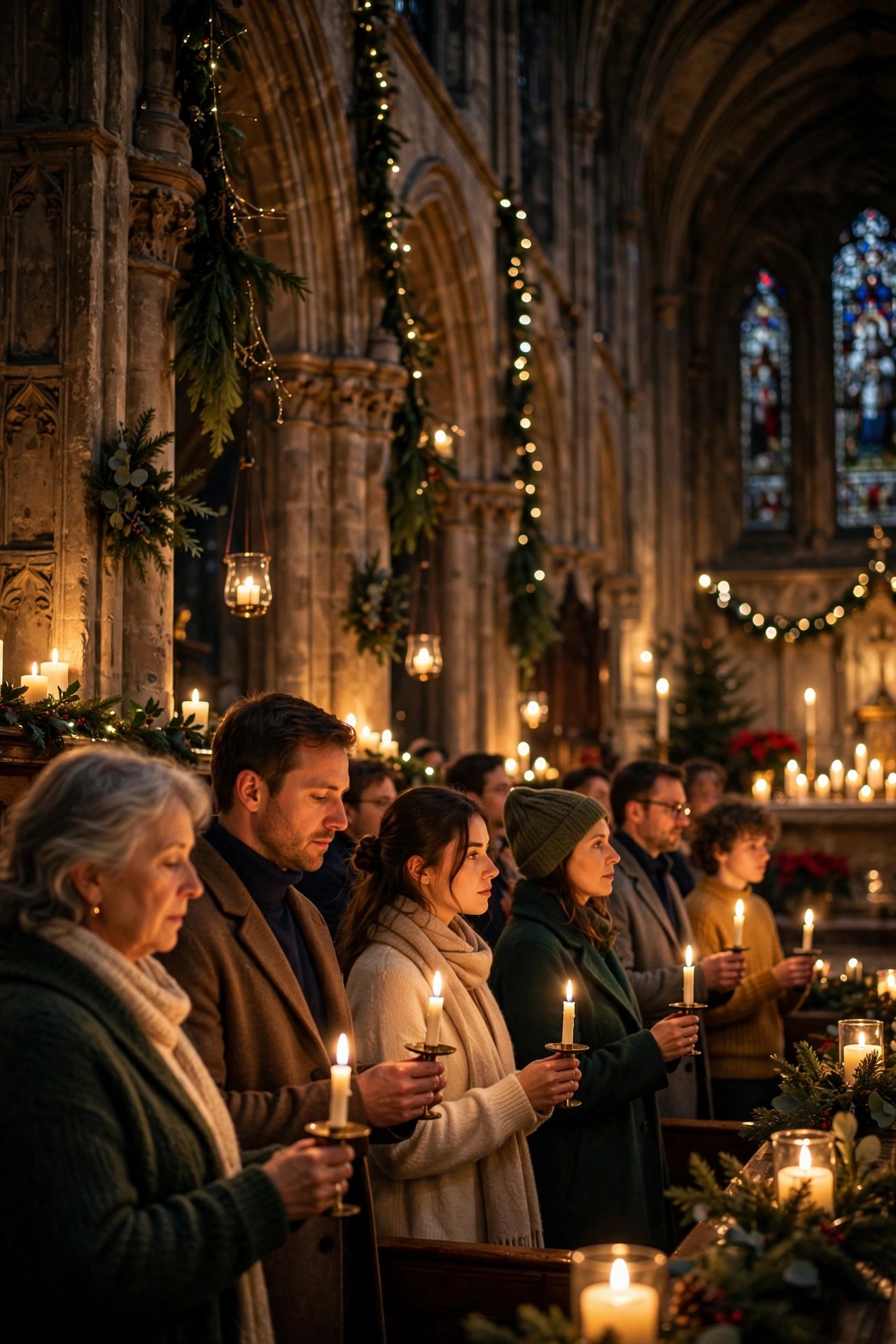Candlelit cathedral during a Christmas carol service, moving holiday experience gift