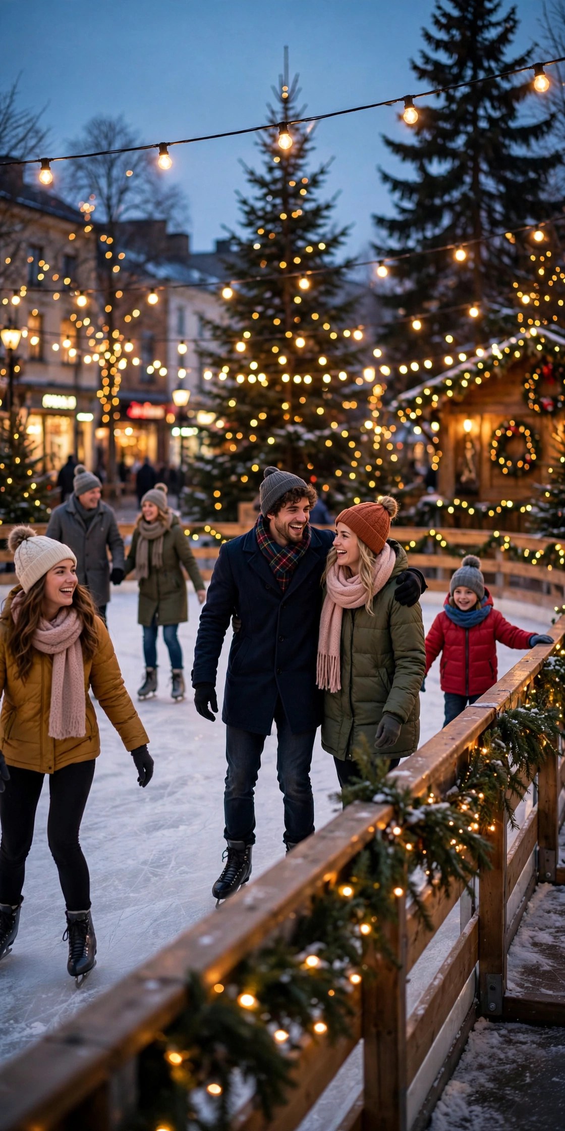 Outdoor ice rink with skaters and festive lights, fun winter experience gift
