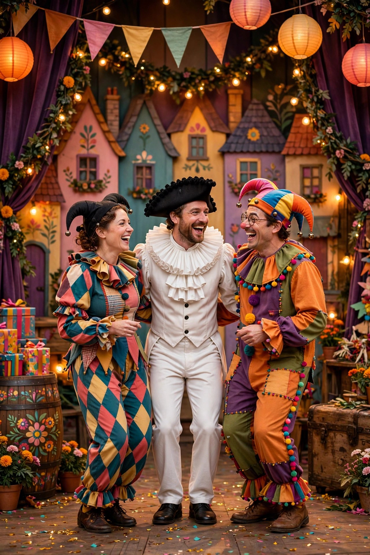 Colorful pantomime stage with actors and festive set, fun Christmas theatre gift