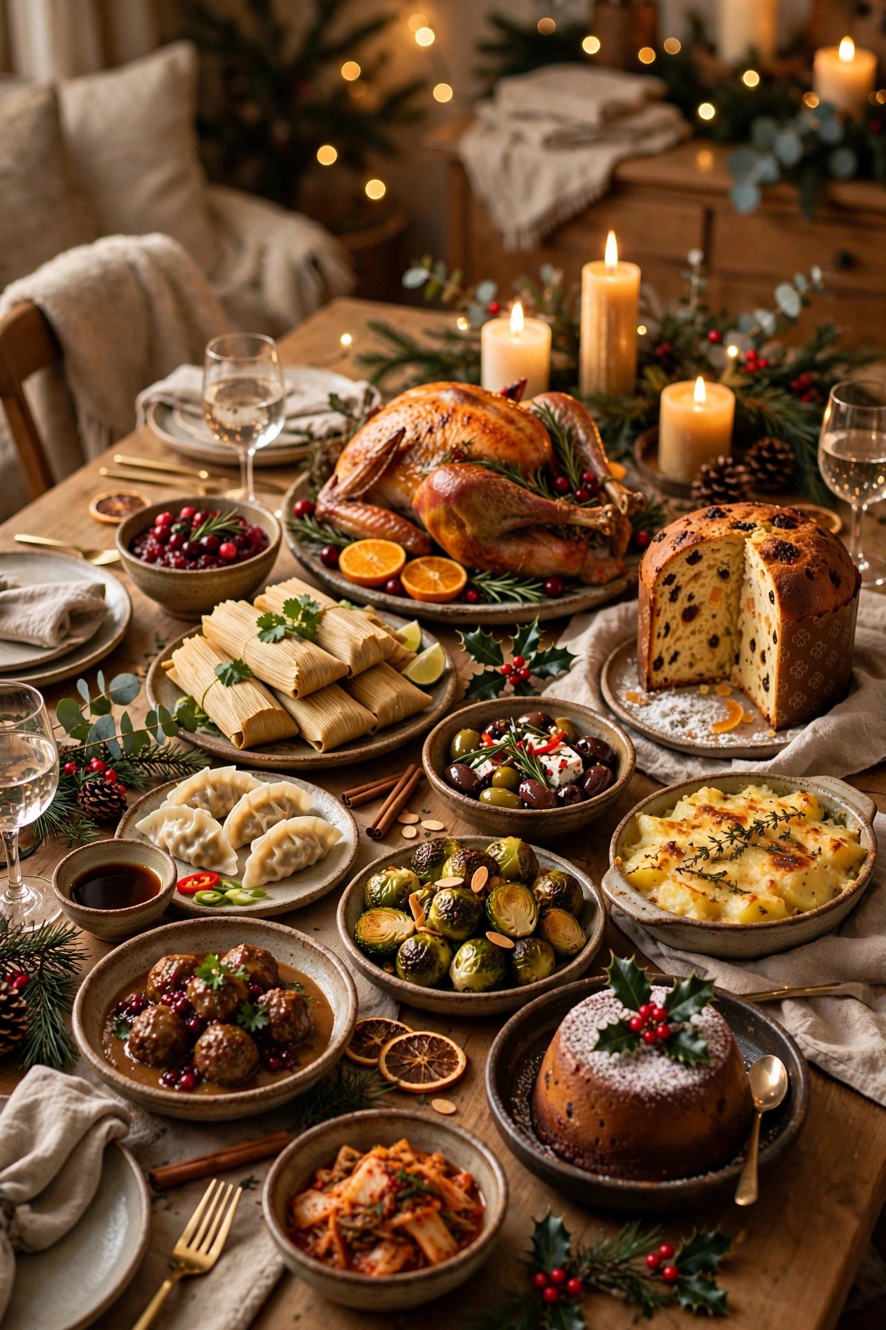 Festive dinner table with dishes from around the world, Christmas dinner party gift